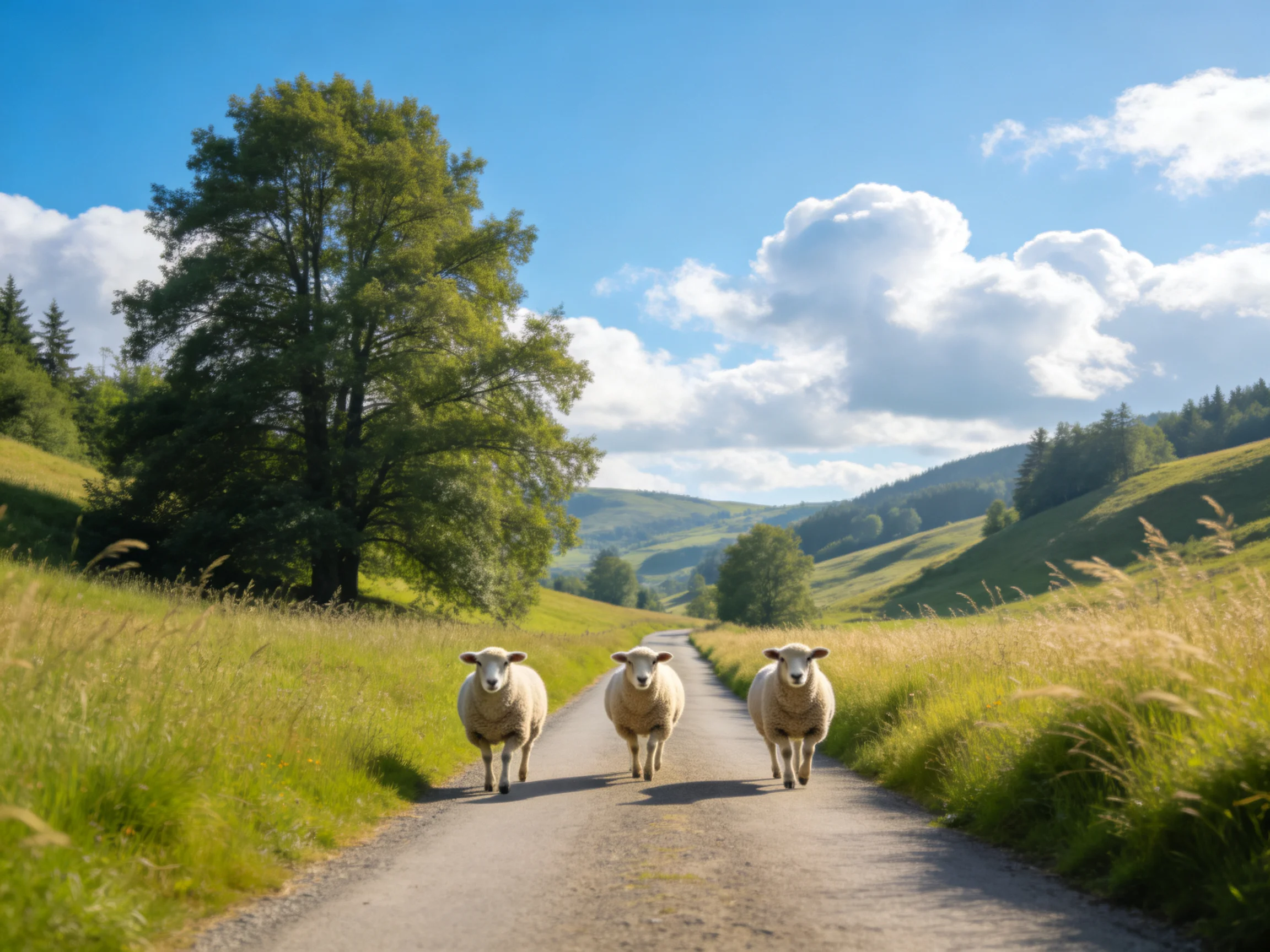 Three sheep stroll along a sunlit country lane