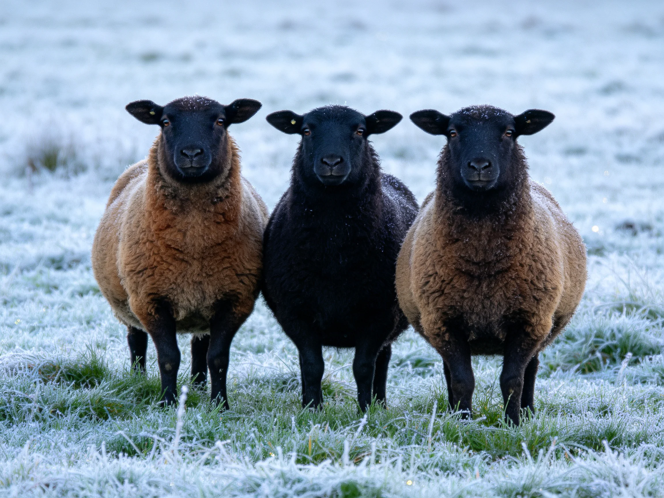 Three sheep, two brown and one black, in a frosty field
