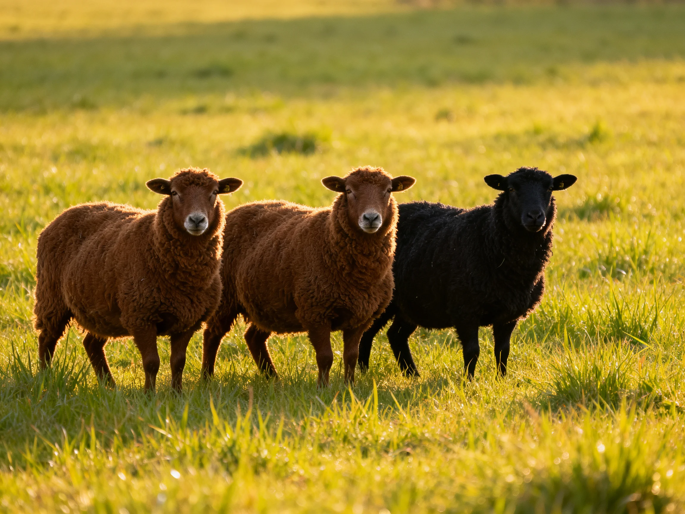 Three sheep—two brown, one black—in a sunlit meadow