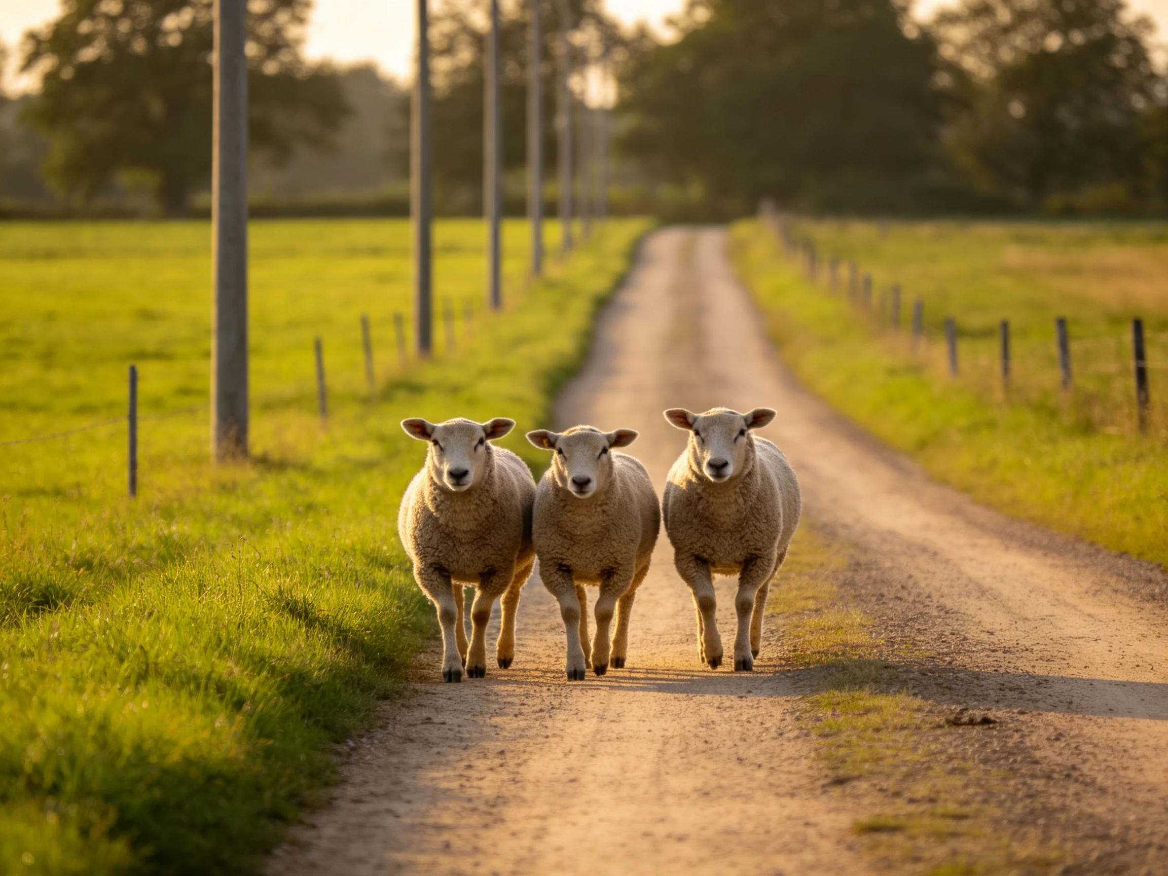 Three sheep walk down a sunlit country dirt road