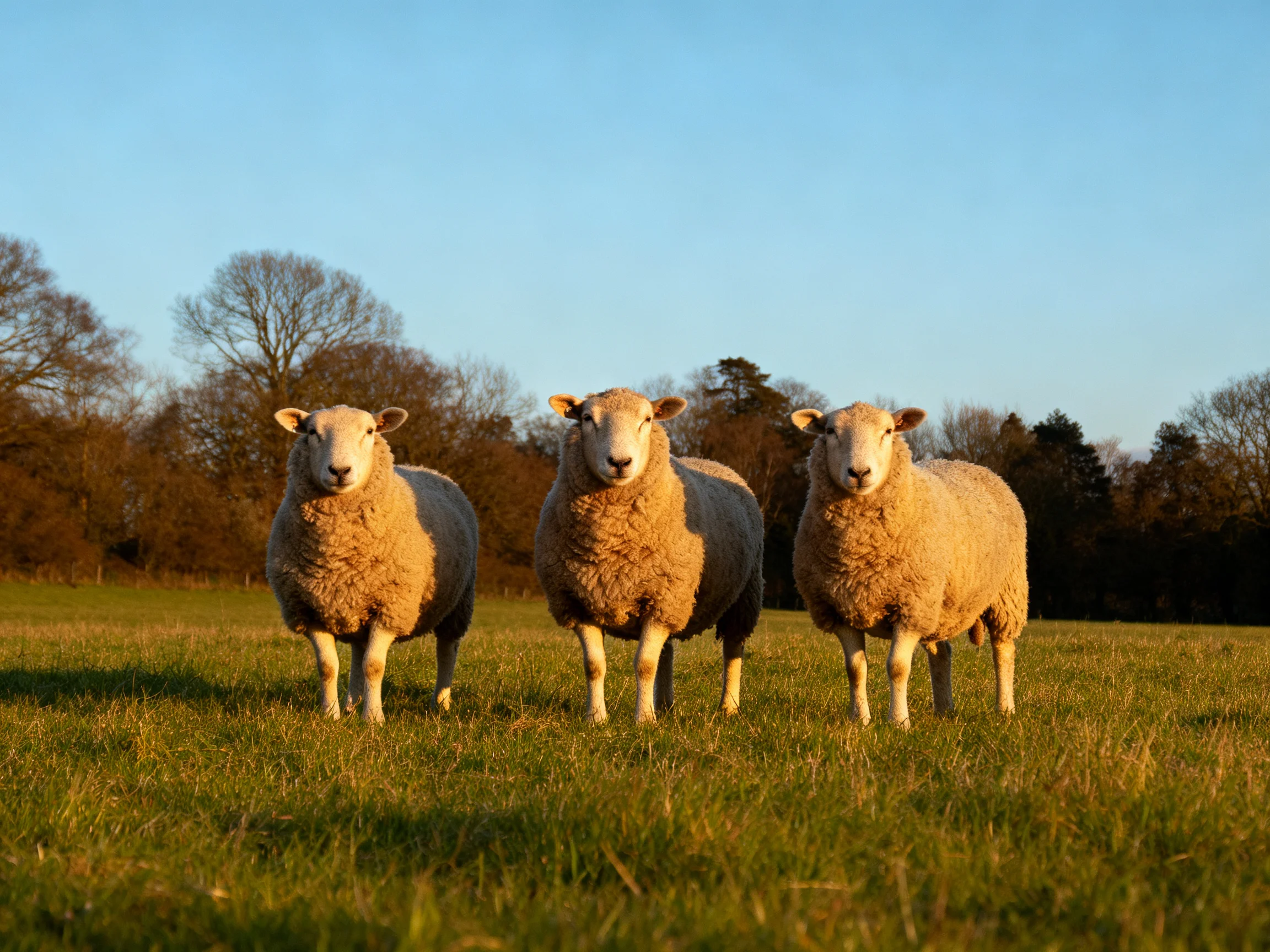 Three sheep with thick coats in a sunlit grassy field