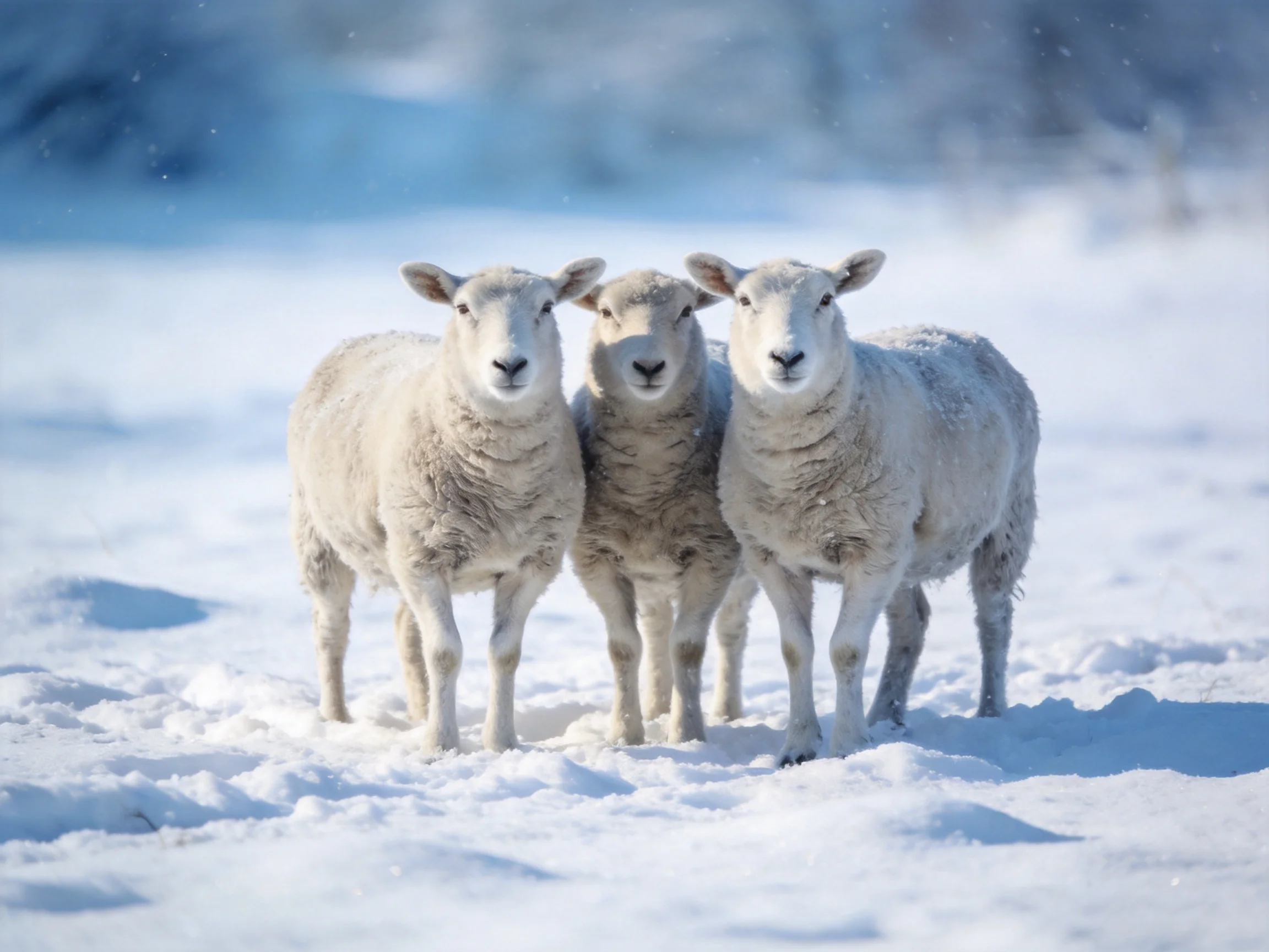Three sheep with thick white wool in a snowy field