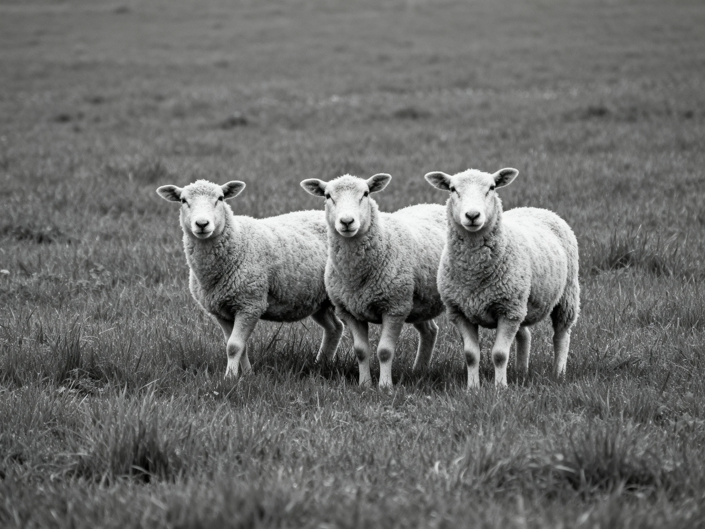Three sheep with thick wool coats stand clustered in a grassy field.