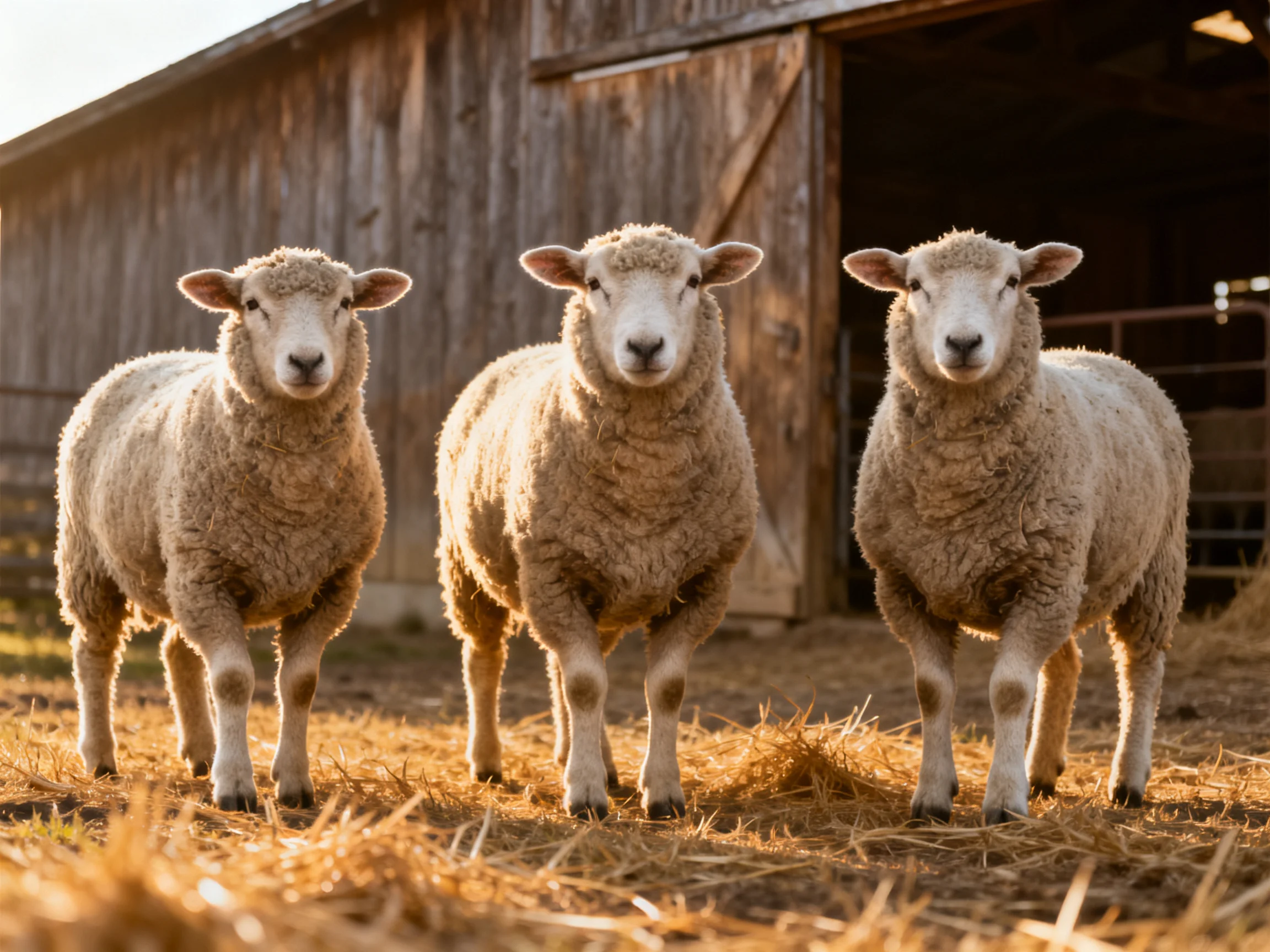 Three sheep with thick wool stand beside an aged wooden barn on golden straw