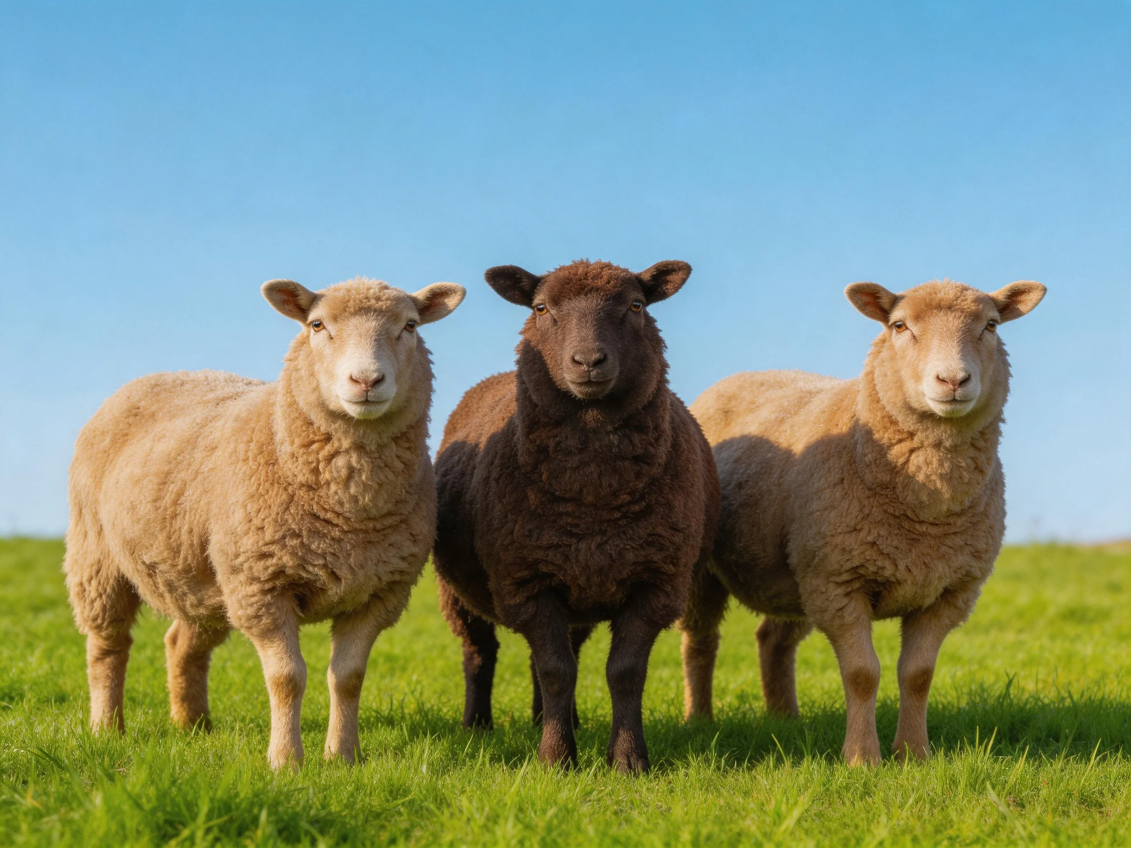 Three sheep with varied coats in a green meadow under blue sky