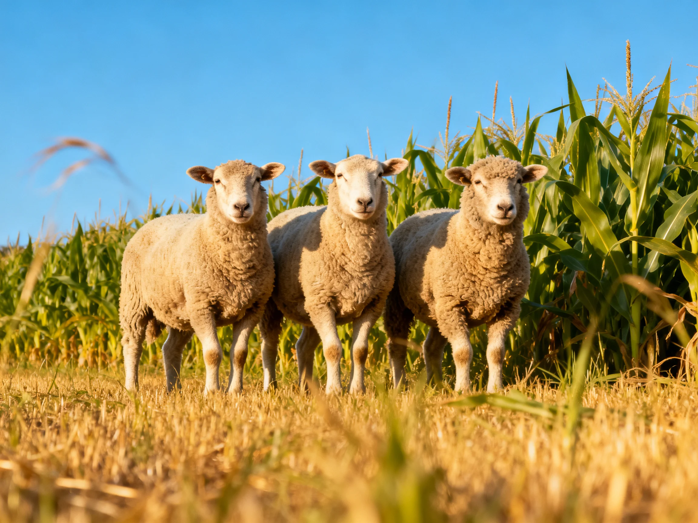Three sheep with woolly coats near tall corn under blue sky