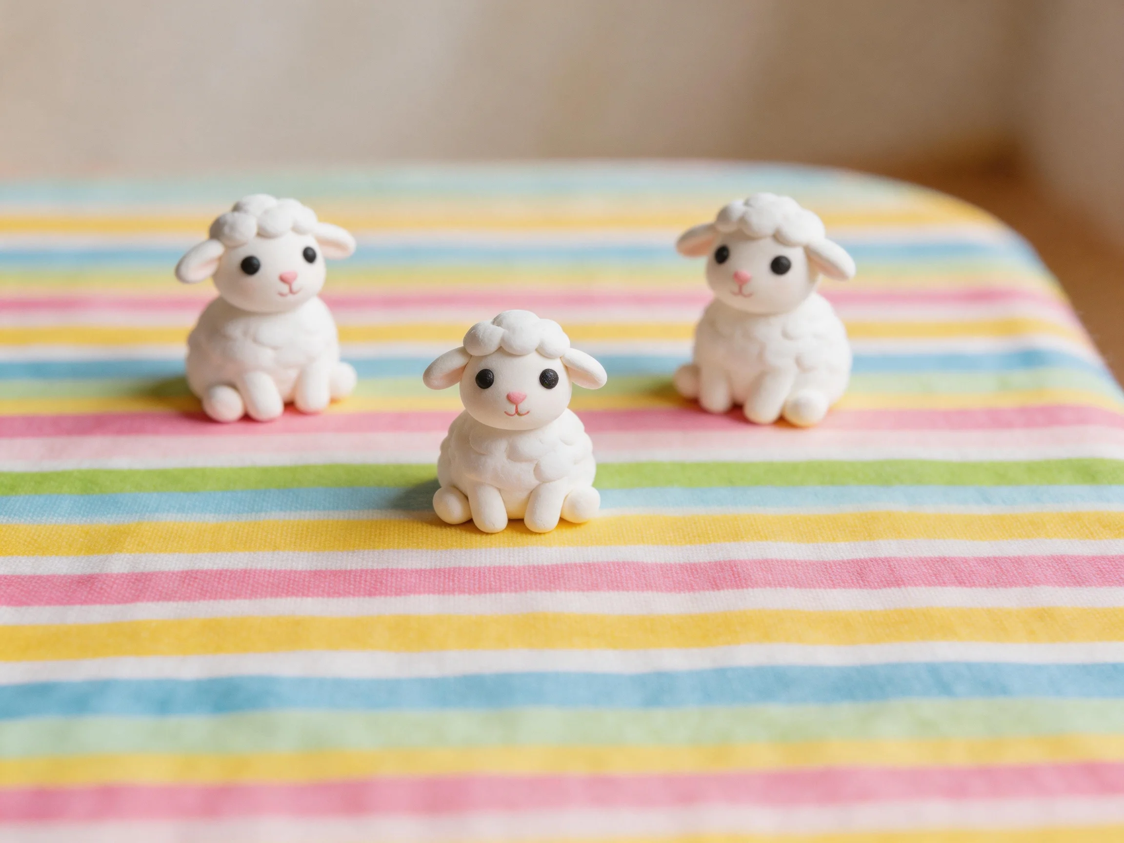Three small white sheep figurines on a multicolor striped fabric
