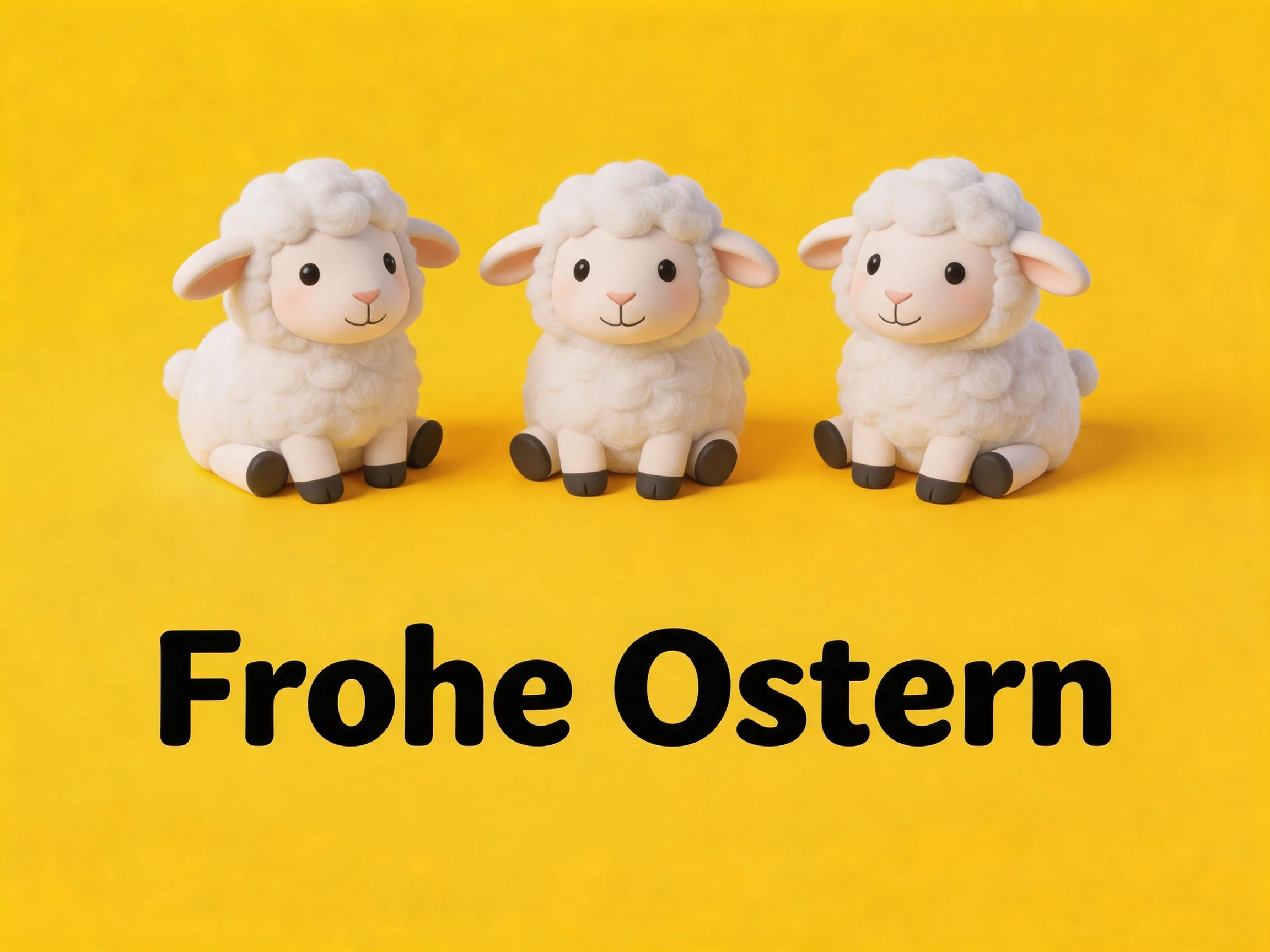 Three small white sheep figurines positioned on a bright yellow surface with Frohe Ostern text