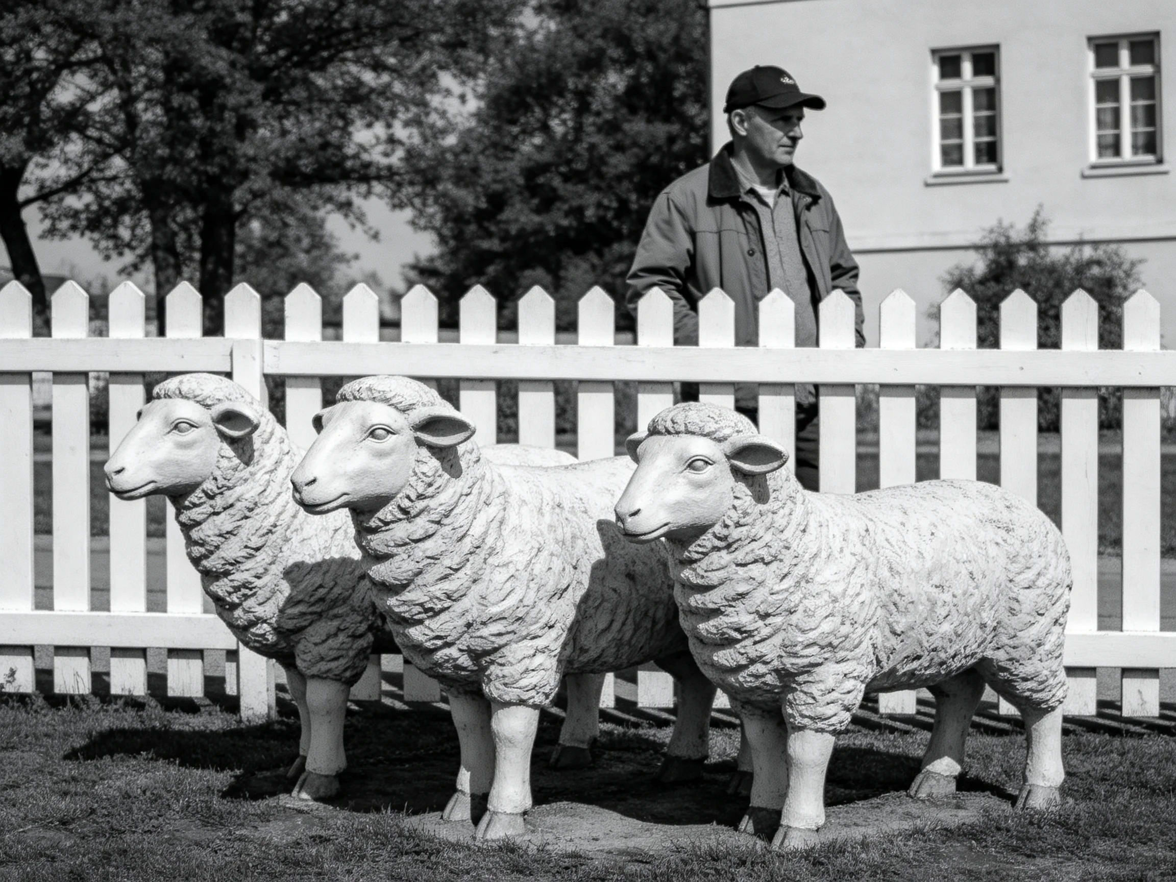 Three stone sheep statues beside a white picket fence with a man