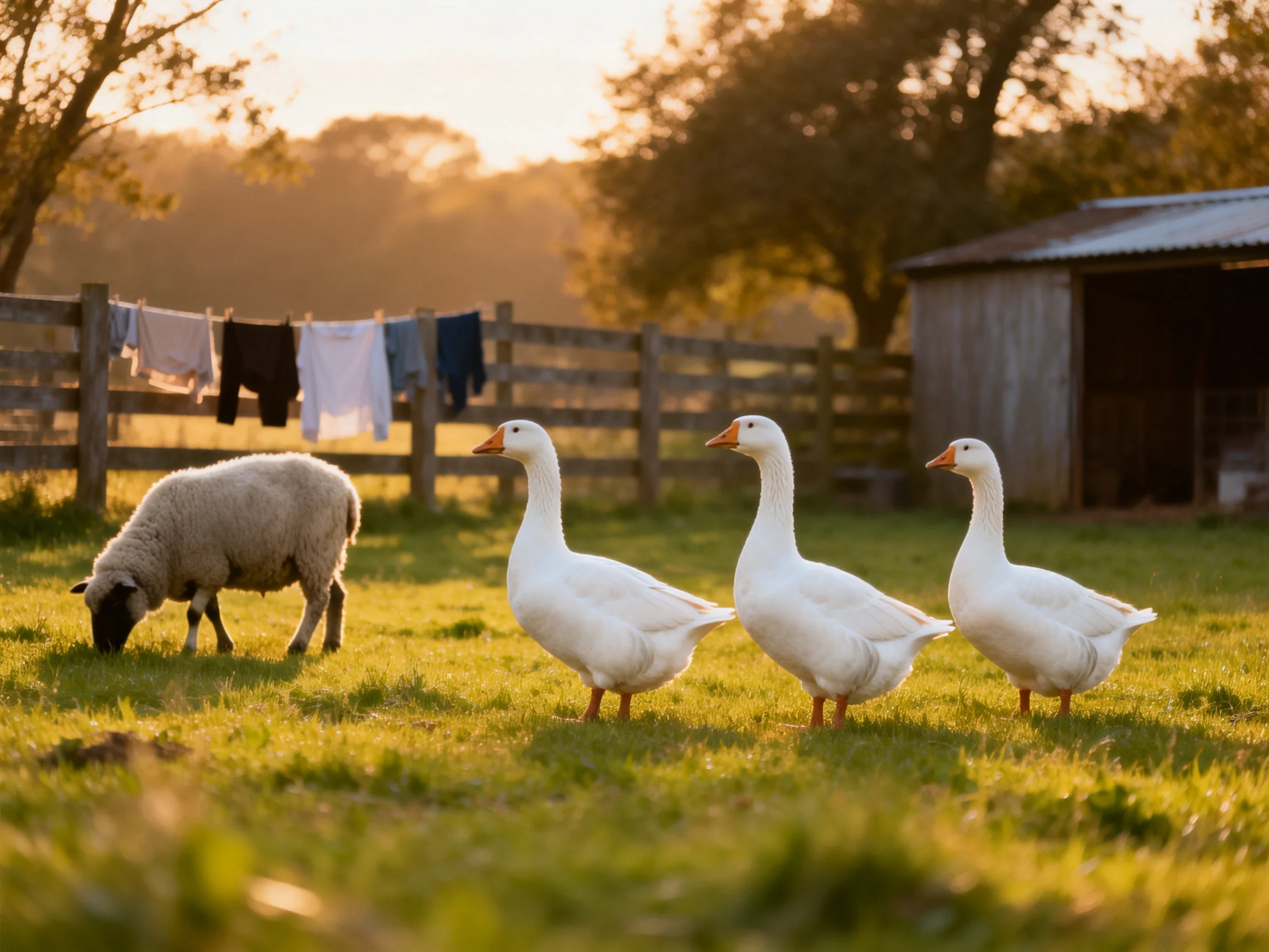 Three white geese and a sheep in a sunlit farmyard