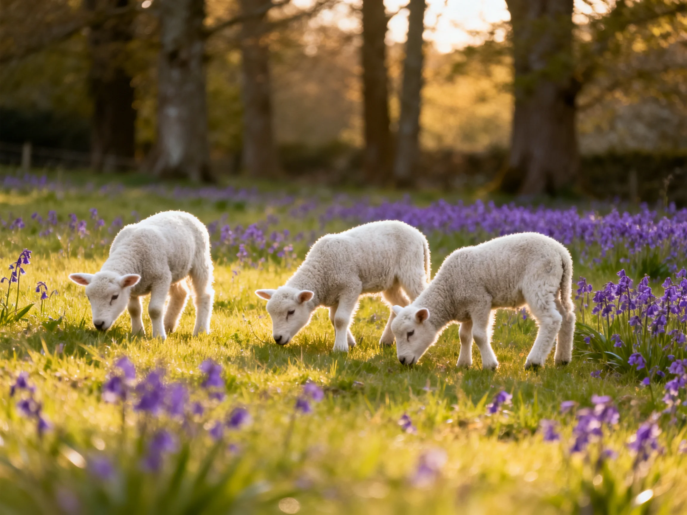 Three lambs graze in a sunlit meadow with purple blooms.