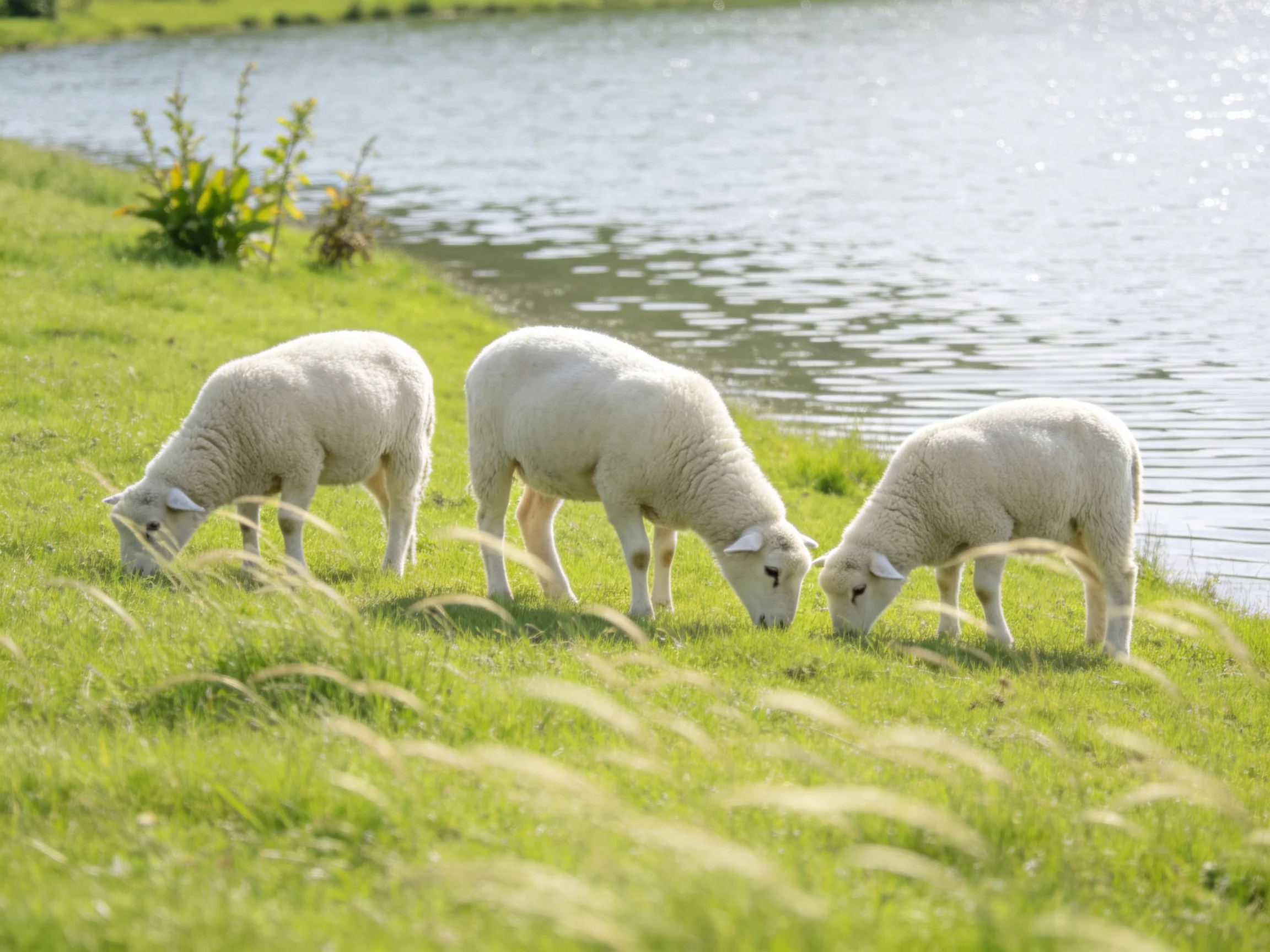 Three white lambs graze by a calm waterway