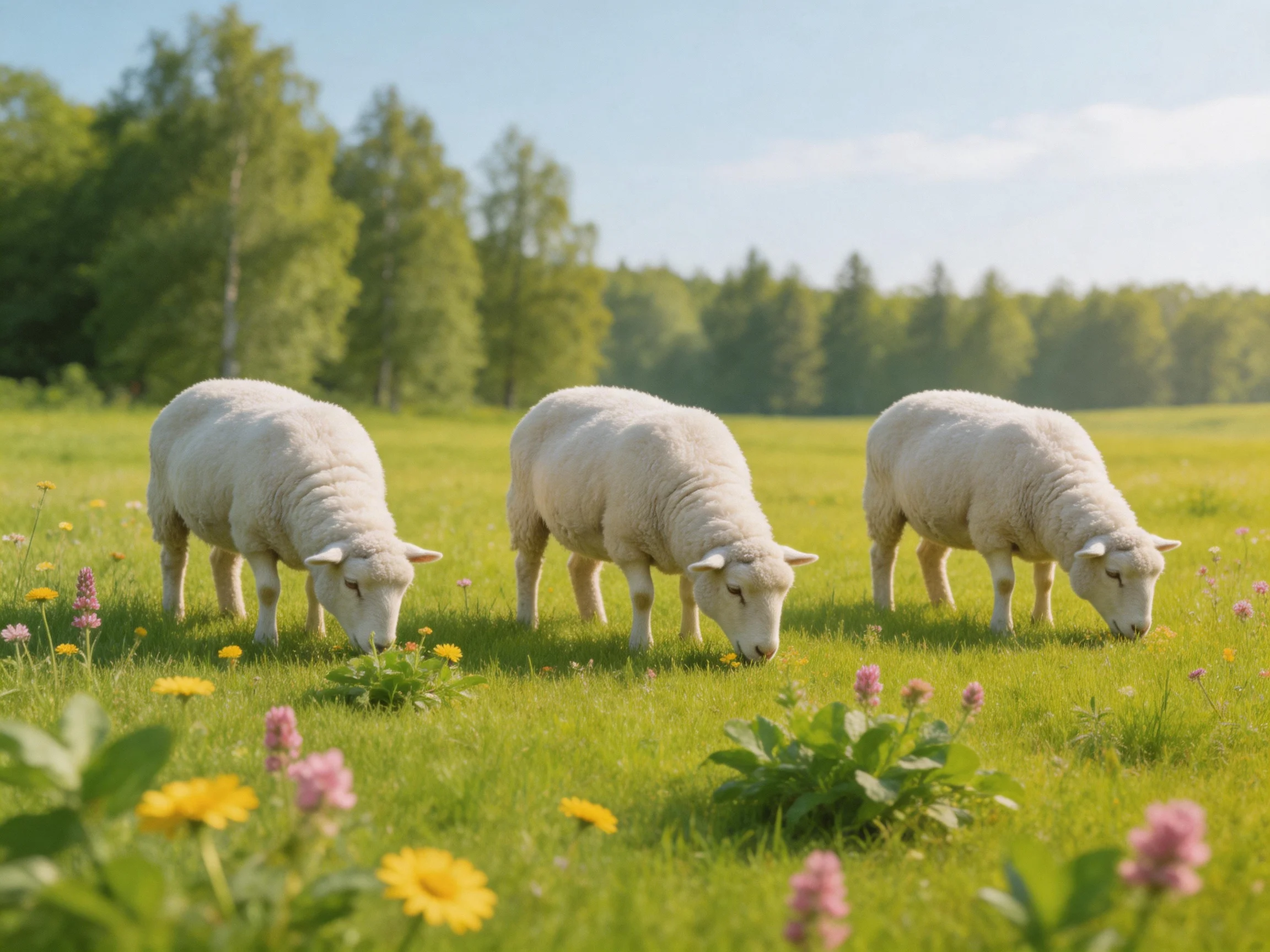Three white lambs graze in a flowered green meadow