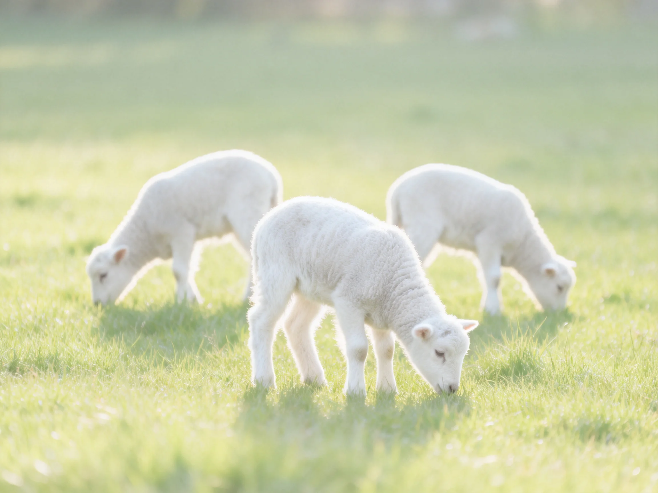 Three white lambs graze in a sunlit green field