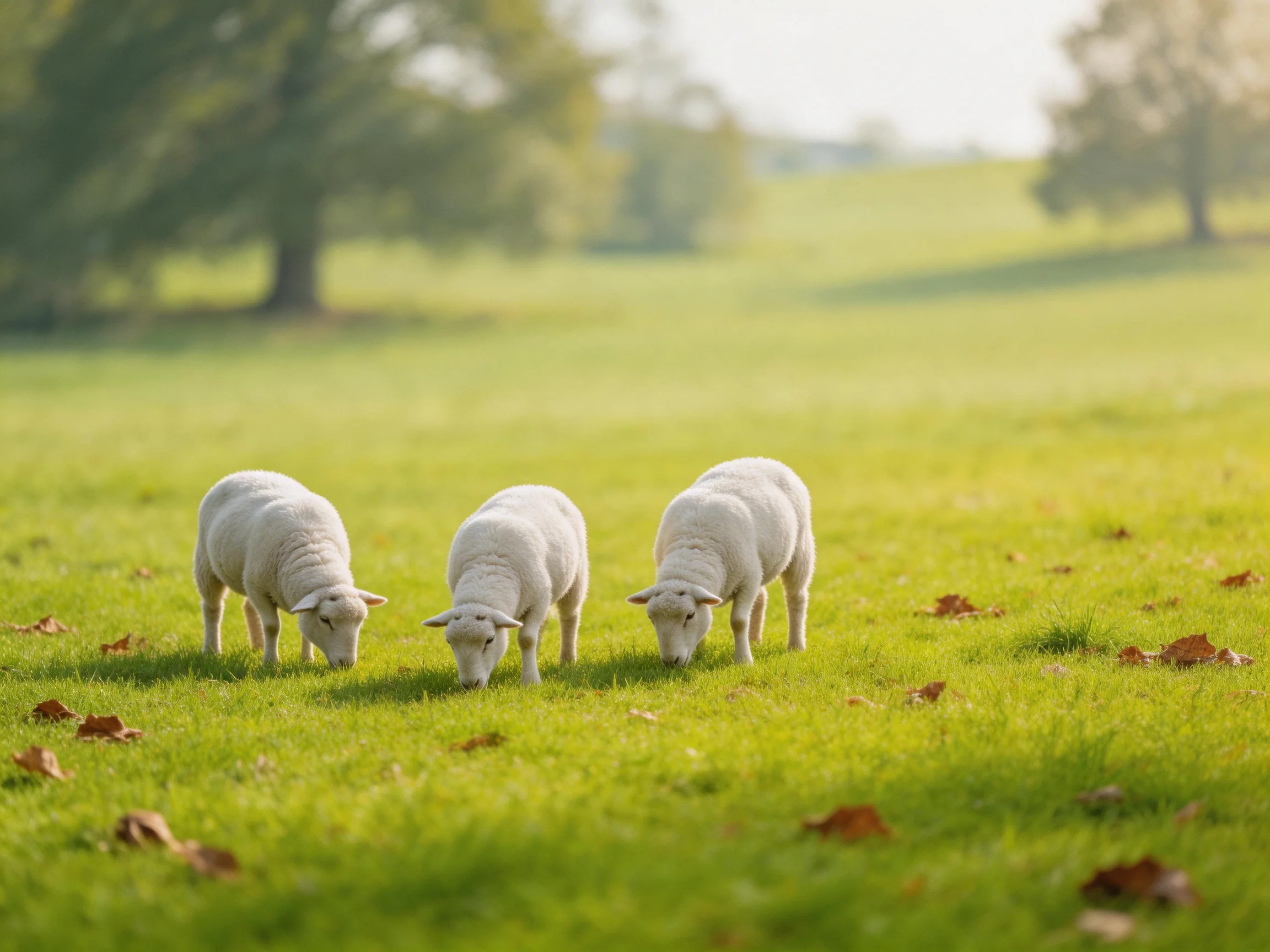 Three white lambs graze in a sunlit green field