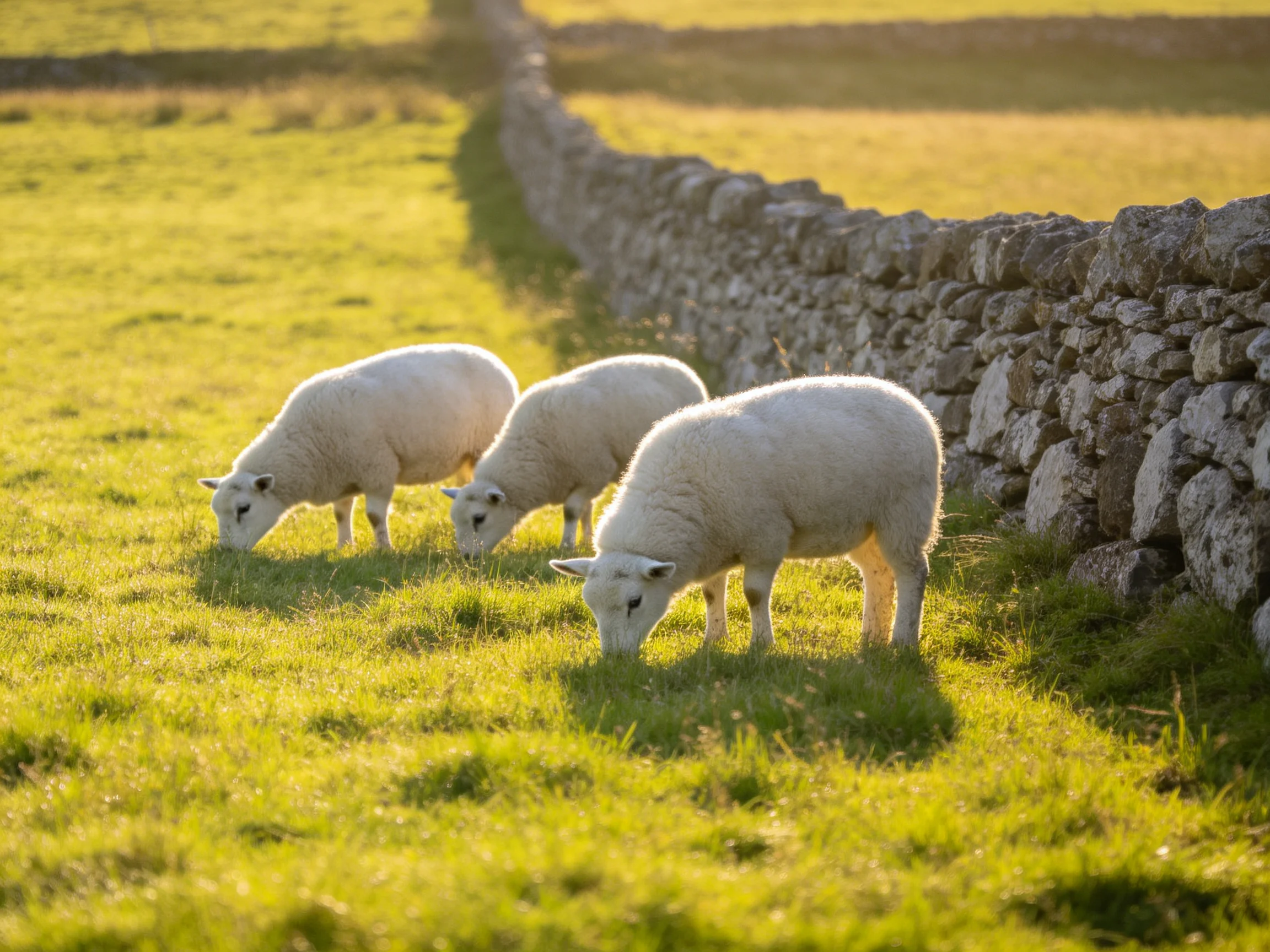 Three white lambs graze near an old stone wall in a sunlit pasture.