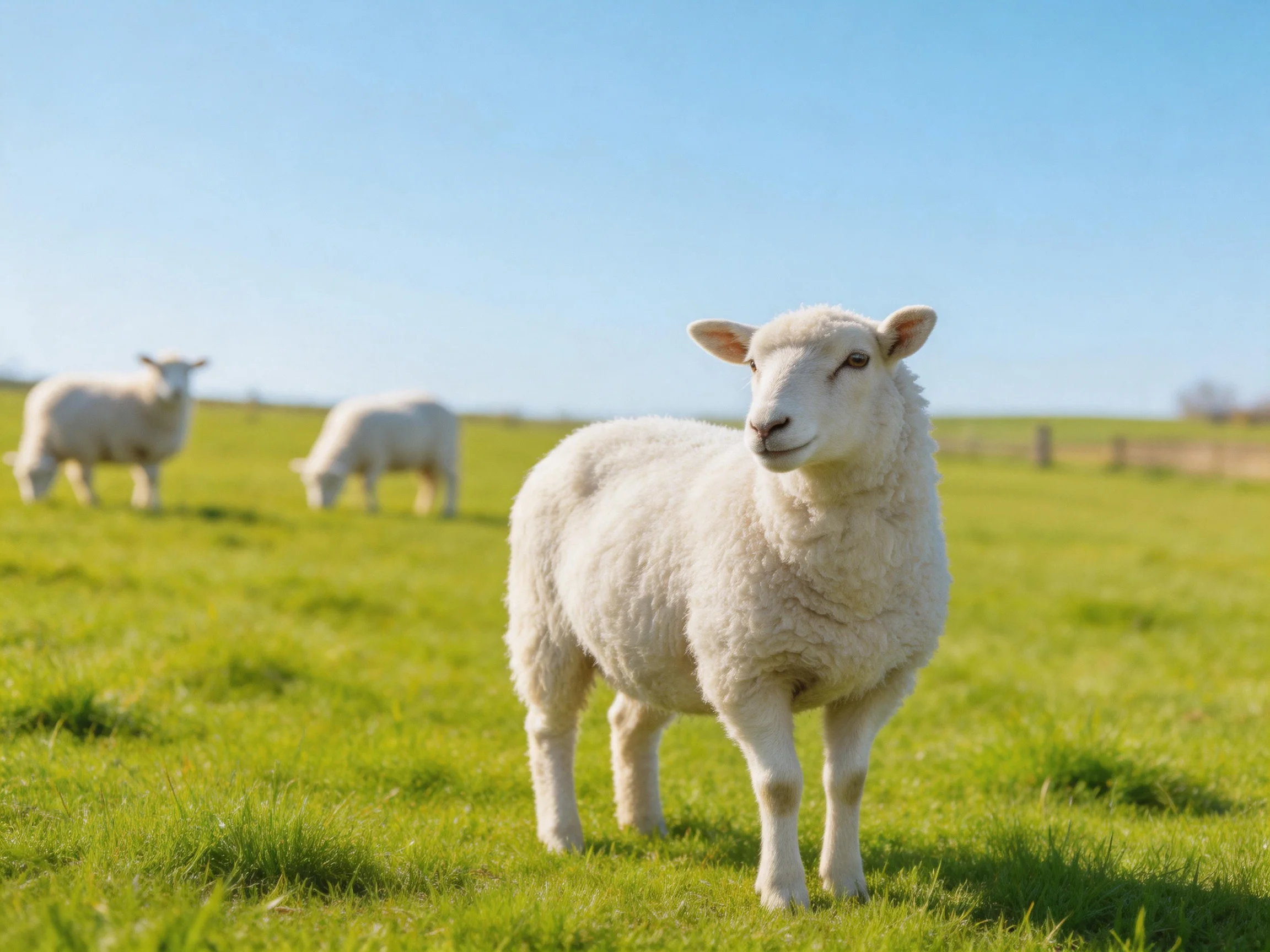 Three white lambs grazing in a sunlit green pasture