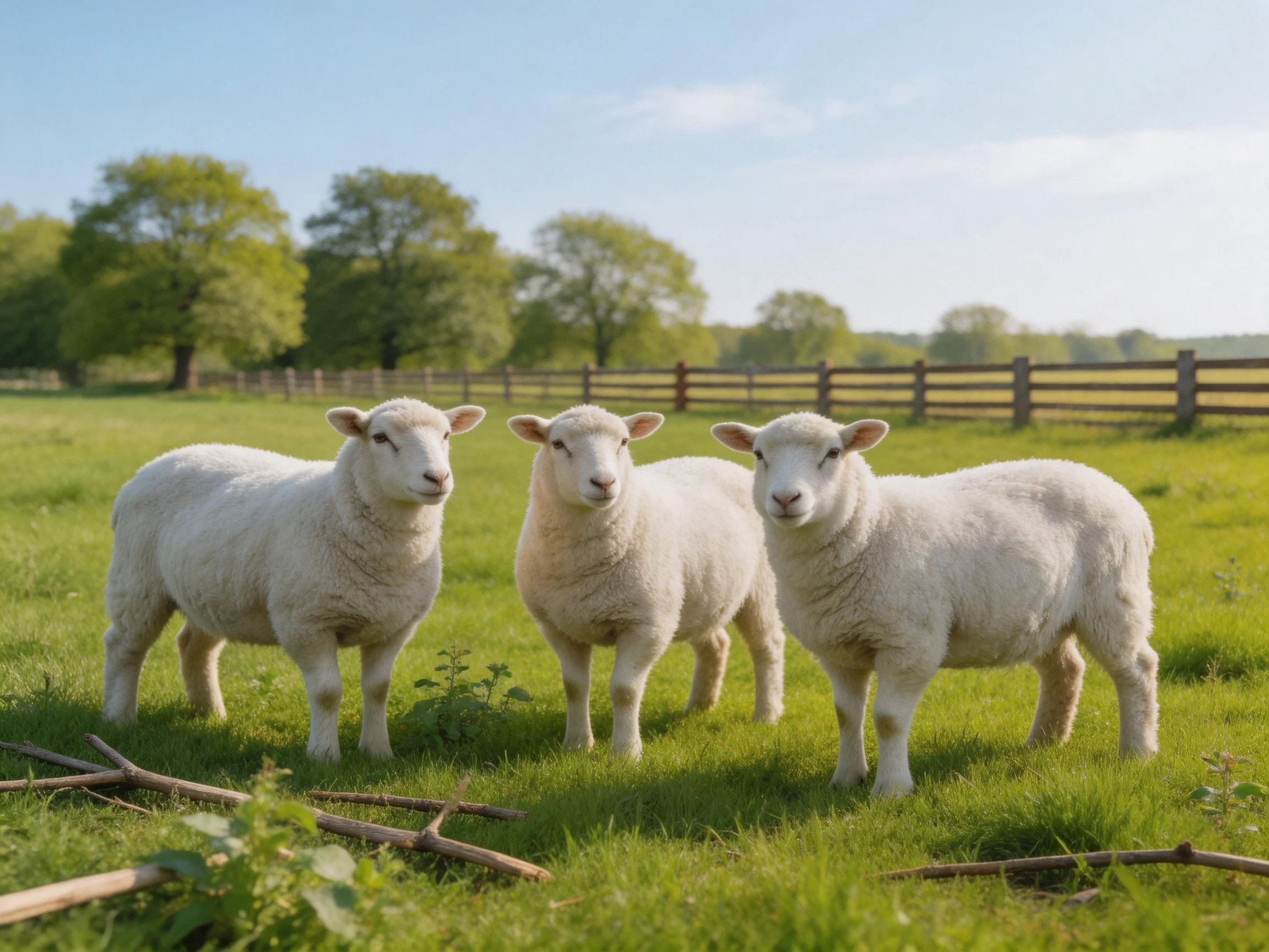 Three white lambs in a green pasture with a wooden fence