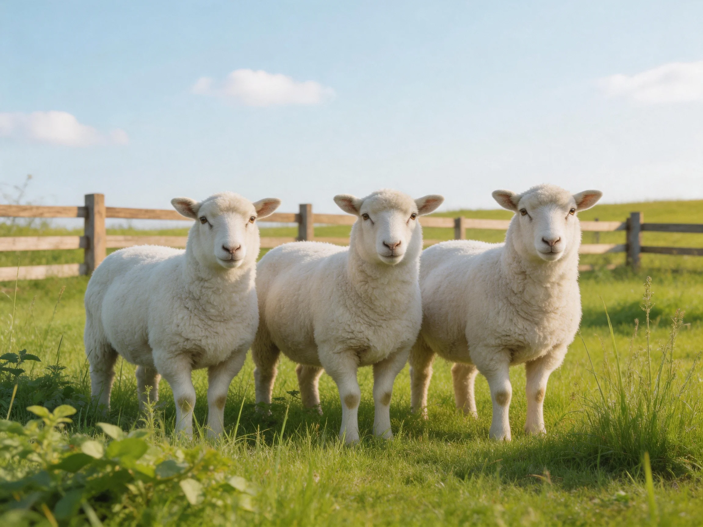 Three white lambs in a green pasture with a wooden fence