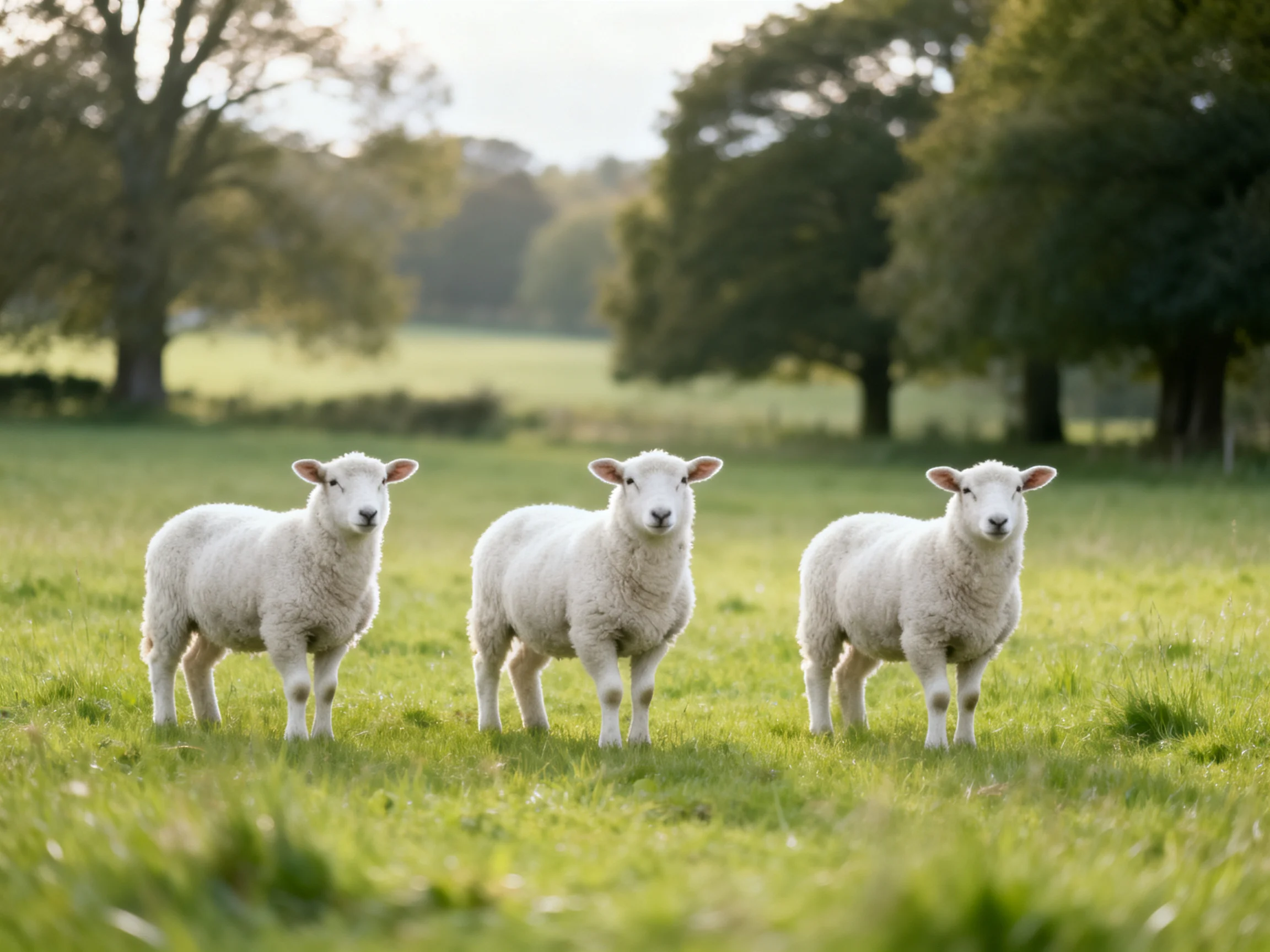 Three white lambs gather in a sunlit green pasture near trees.