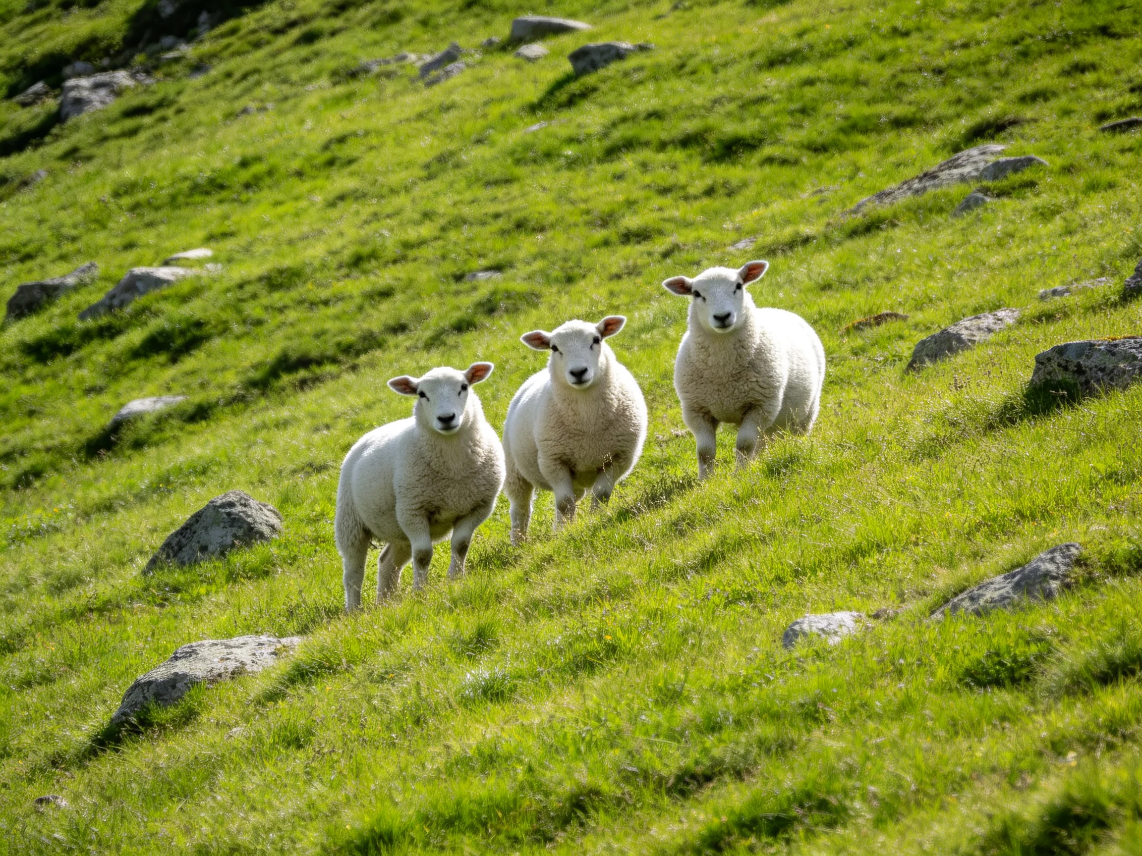 Three white lambs on a rocky green hillside