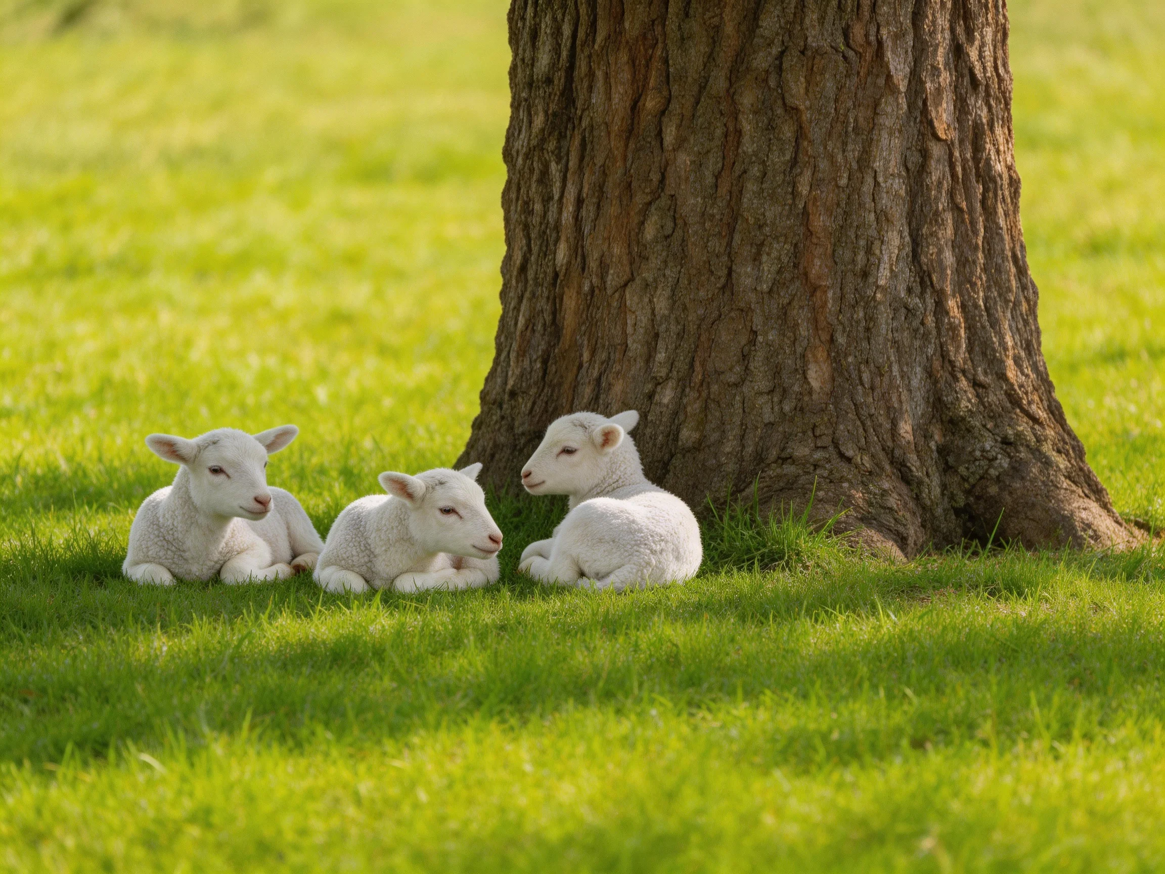 Three white lambs rest beside a massive brown tree trunk
