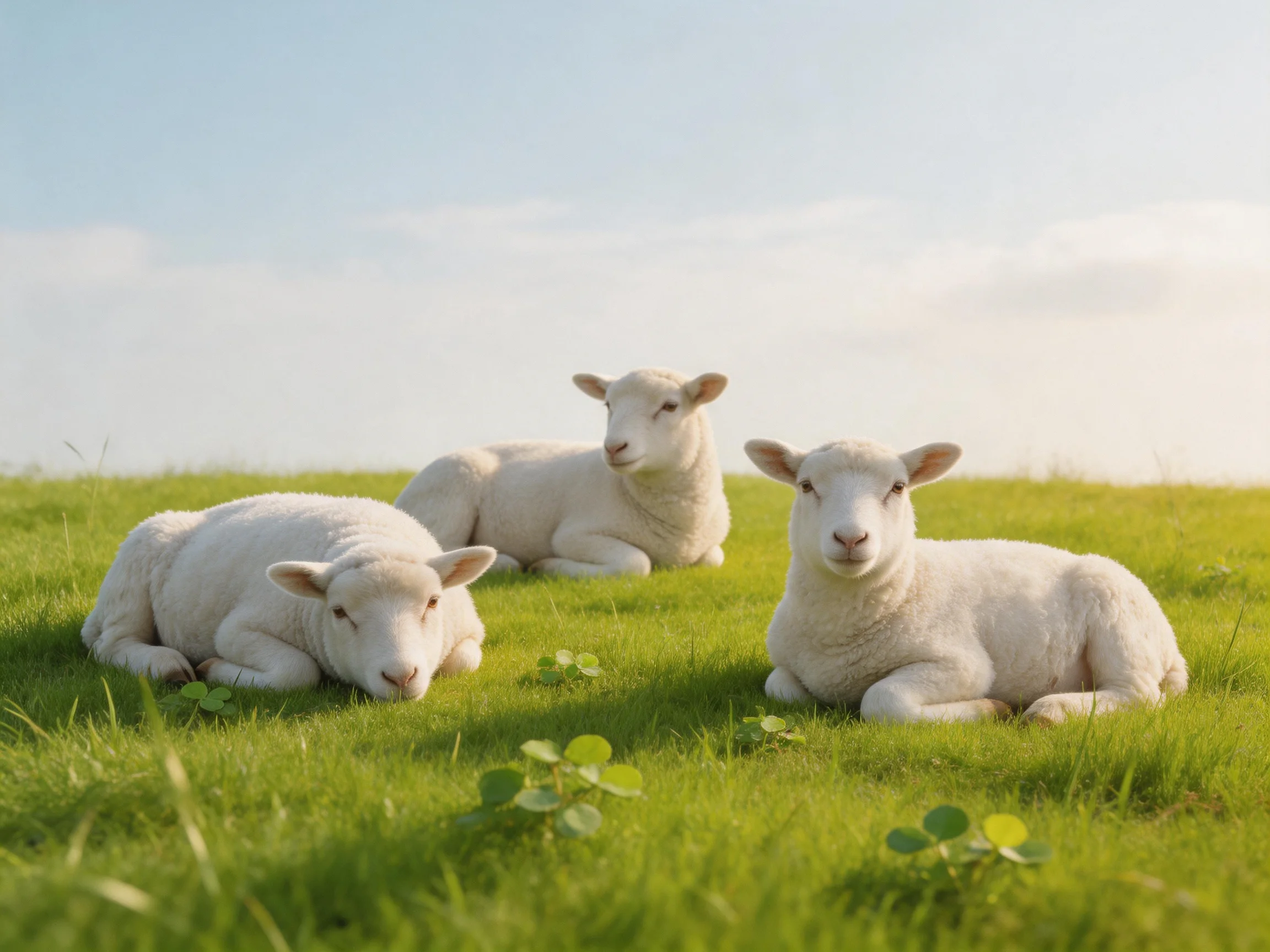 Three white lambs relax together on vibrant green grass in a sunlit field.