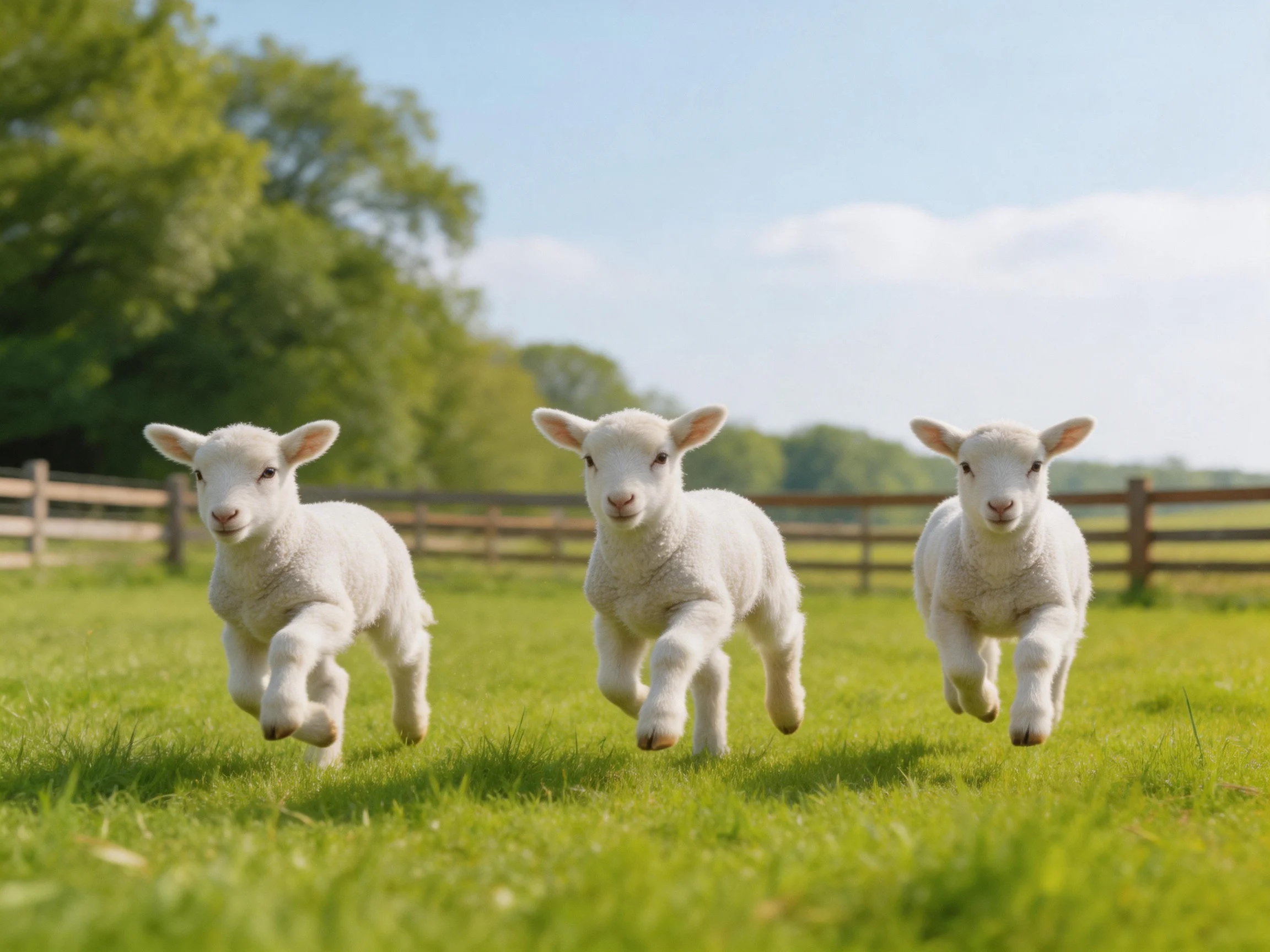 Three white lambs running on a sunny pasture