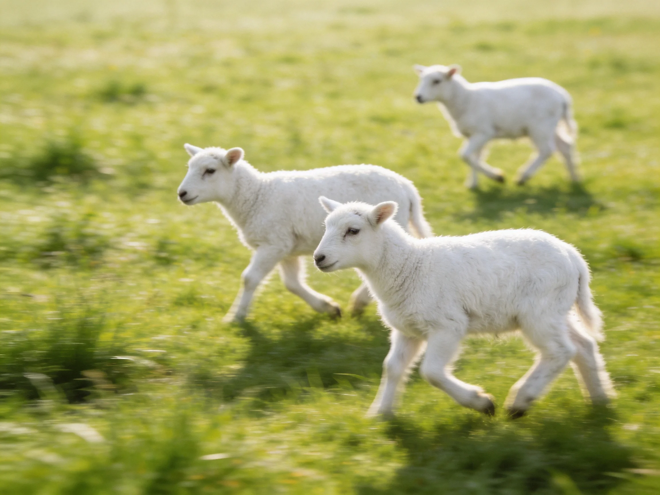 Three white lambs running through a lush green meadow