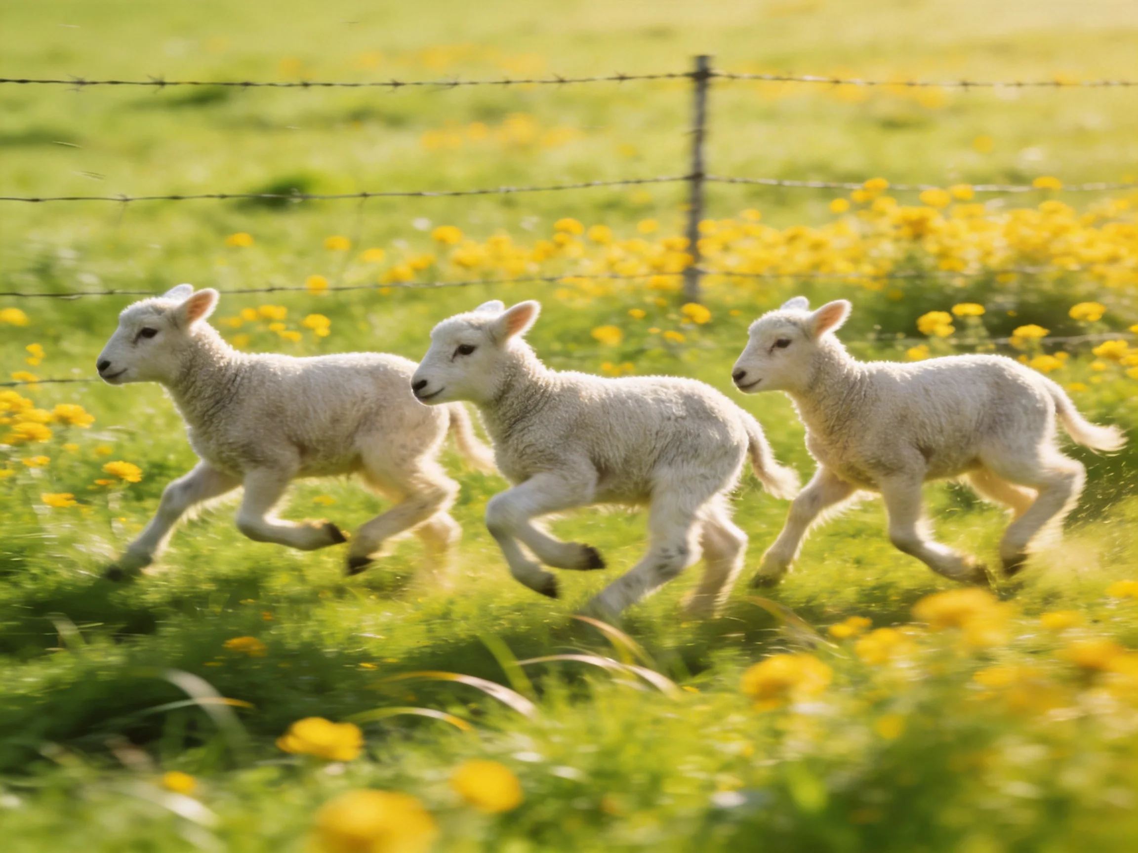 Three white lambs running through a yellow-flowered meadow