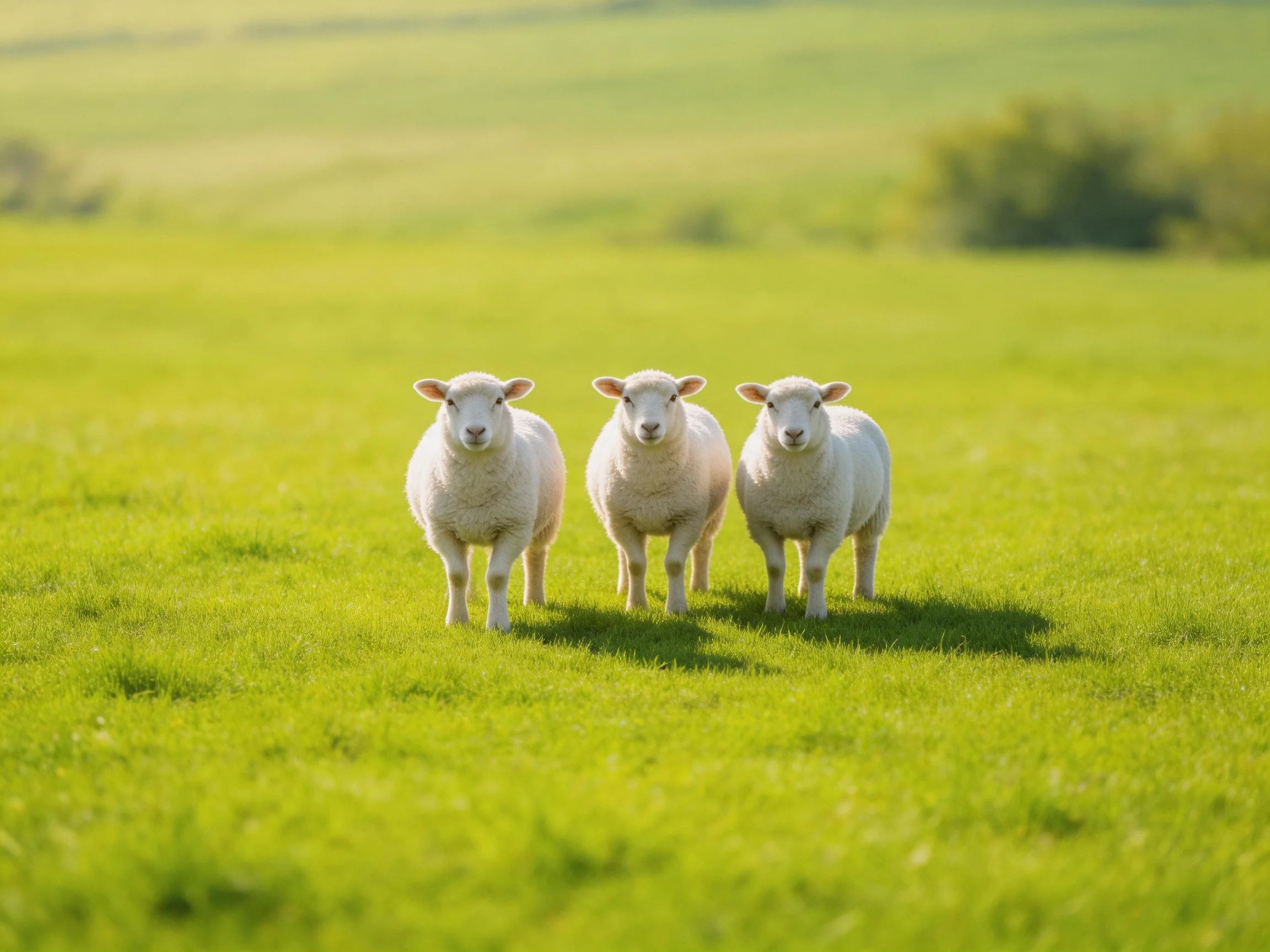 Three white lambs standing in a lush green pasture