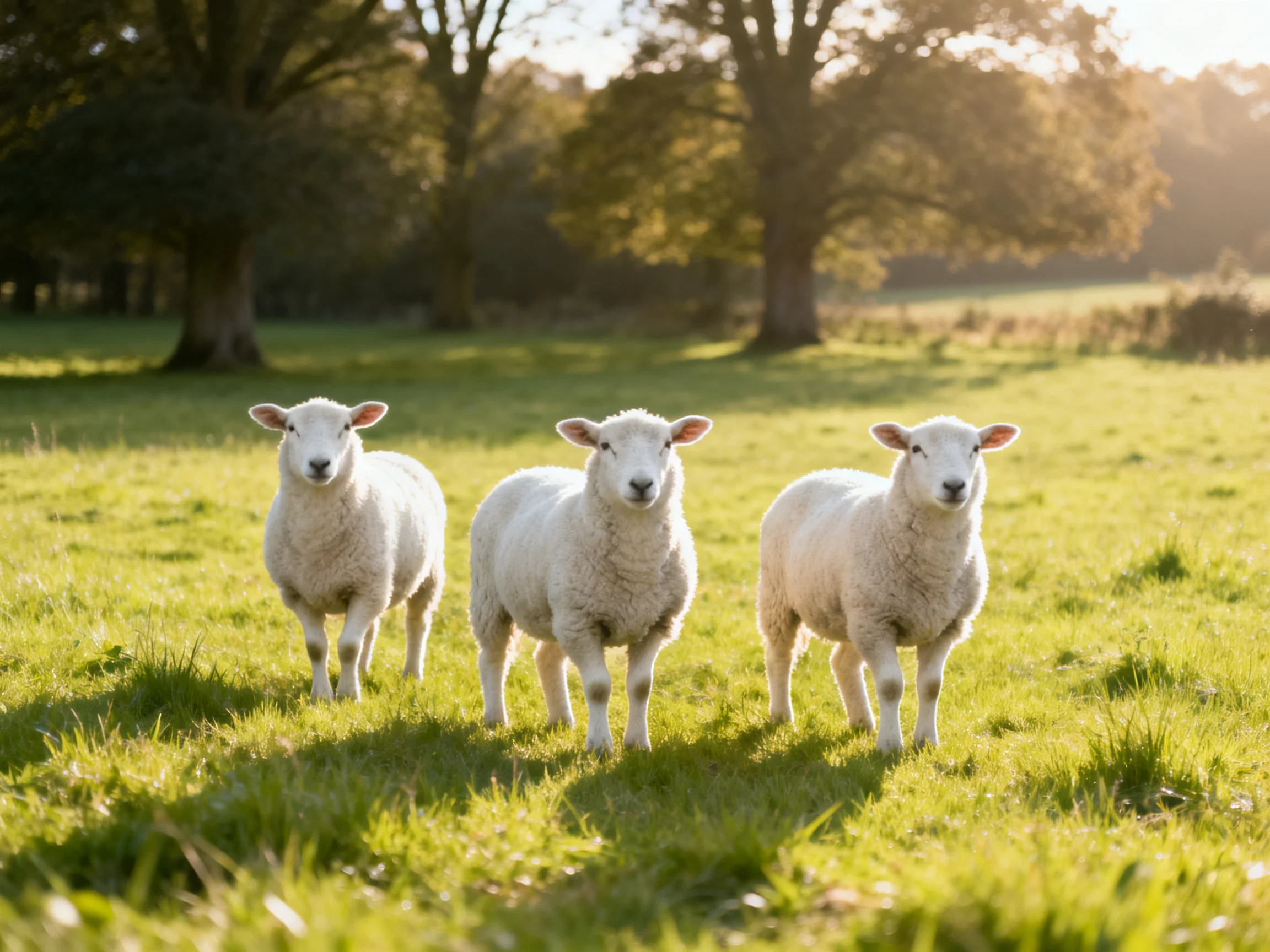 Three white lambs standing in a sunlit green pasture