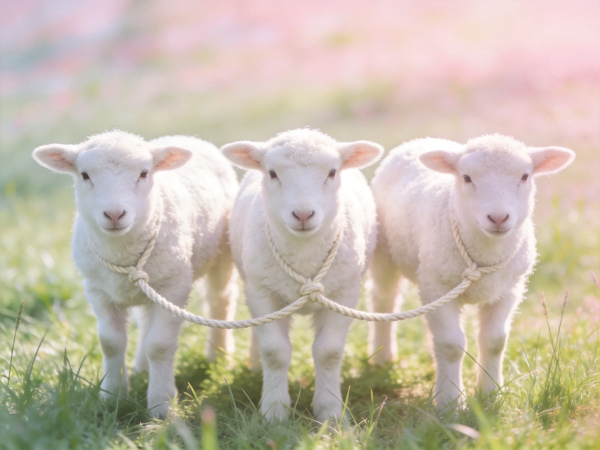 Three white lambs tied with rope in a green meadow