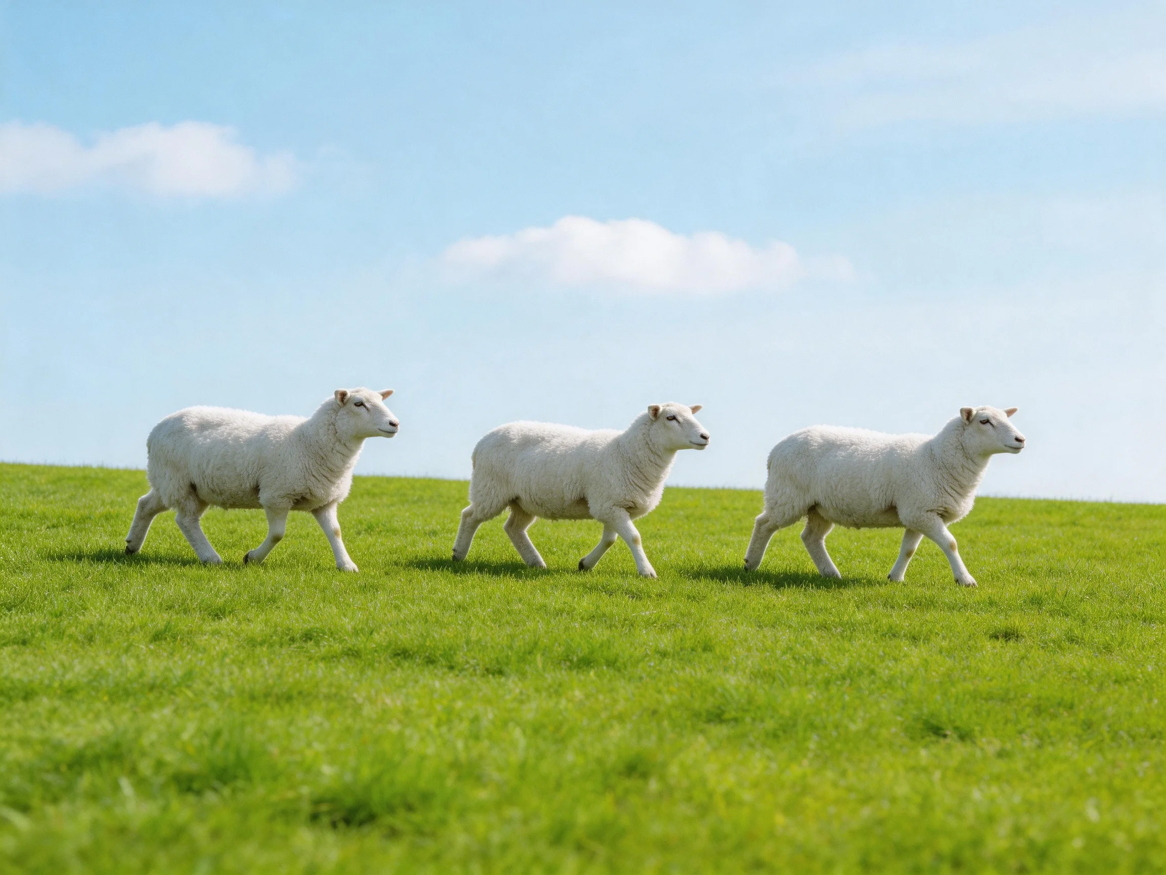 Three white lambs walk across a lush green meadow under clear blue sky