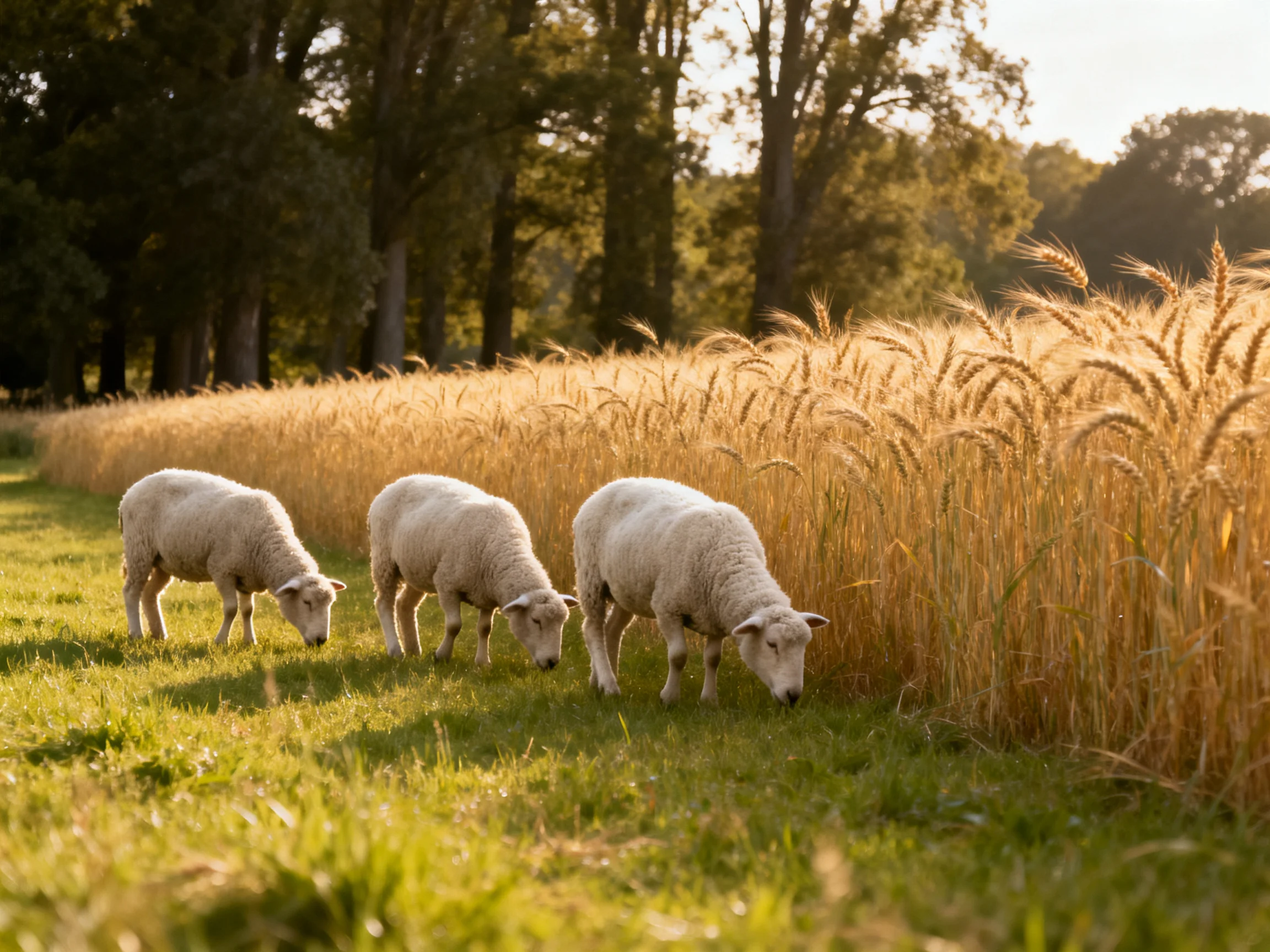 Three sheep graze near golden wheat fields with green surroundings.