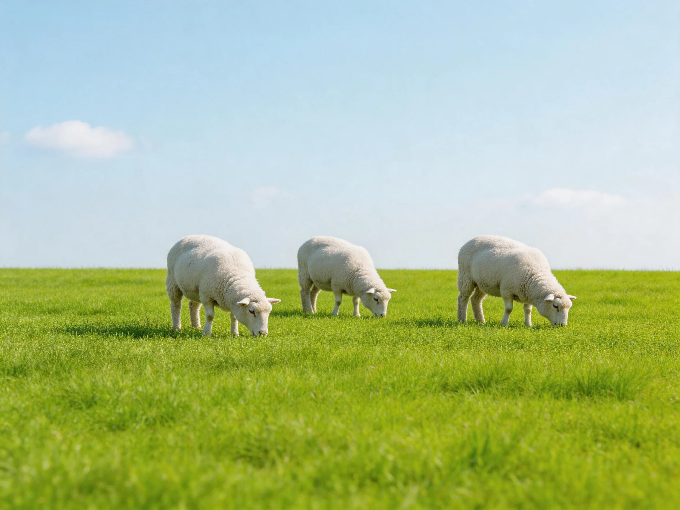 Three white sheep graze in a bright green field under a clear blue sky.