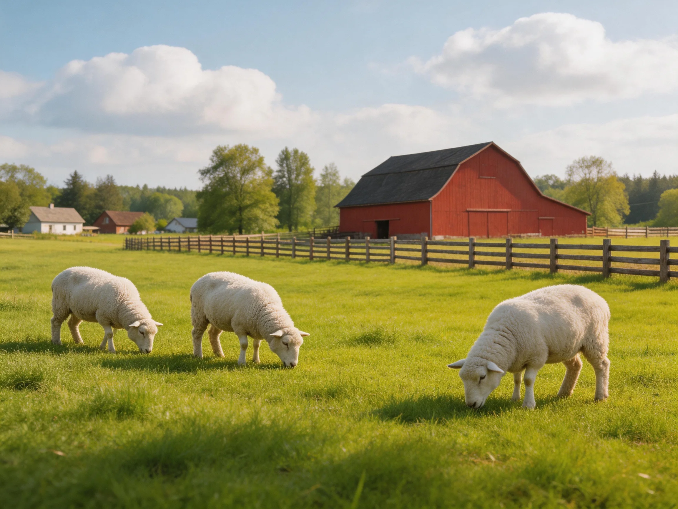 Three white sheep graze near a large red barn in a sunny pasture
