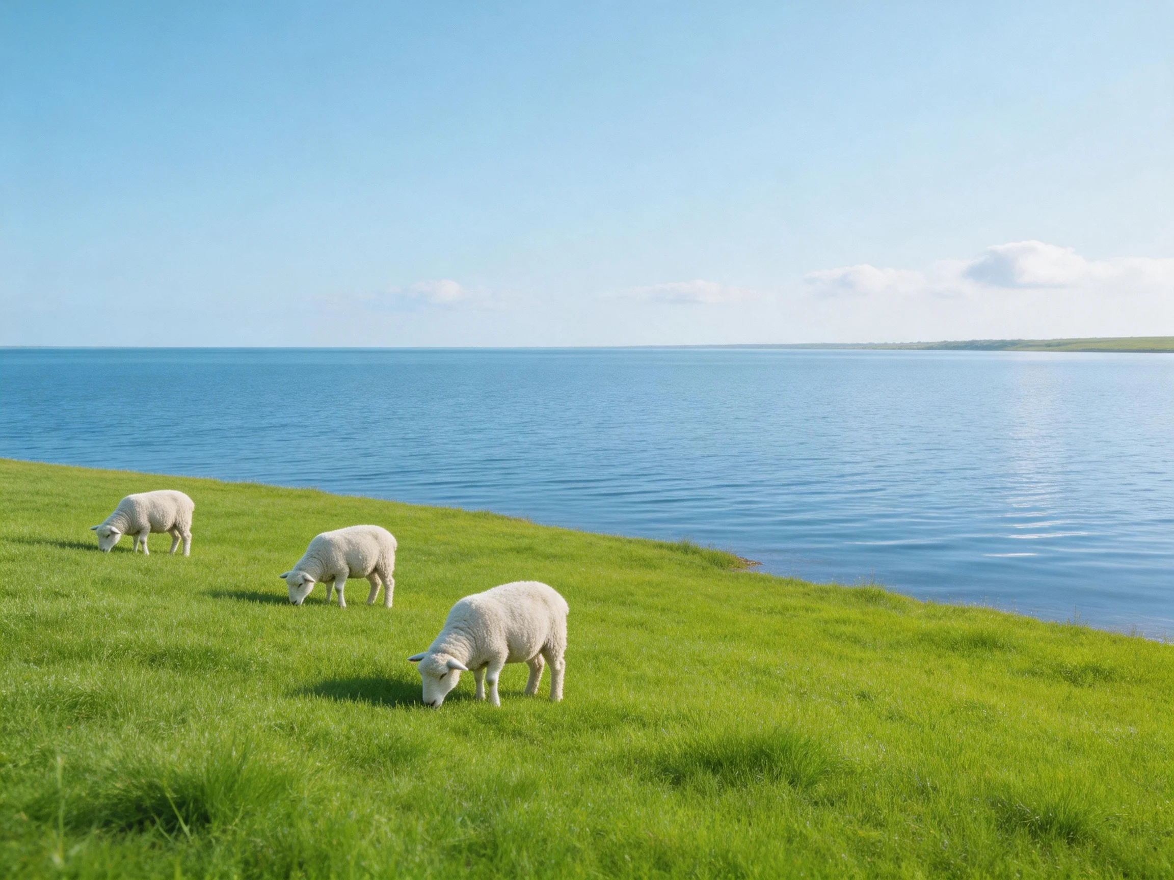 Three sheep graze on green grass beside tranquil blue water