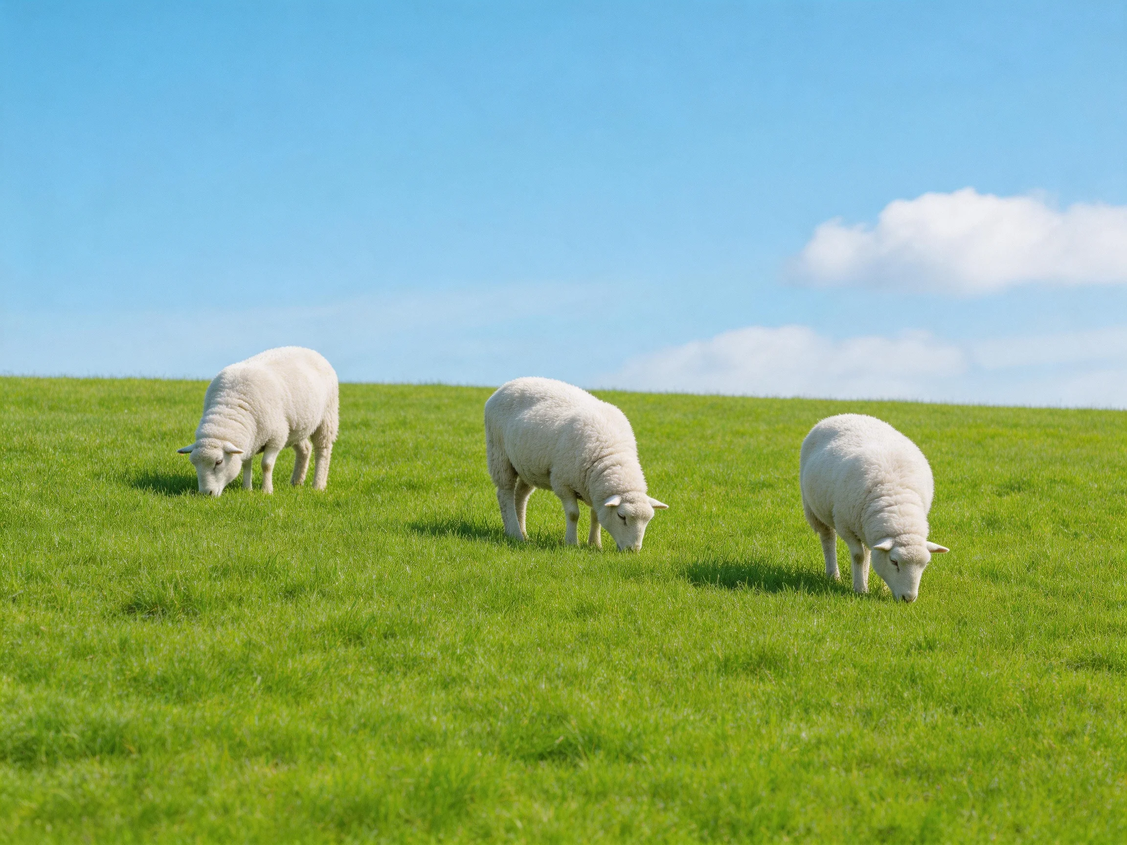 Three sheep graze on a green field under a bright blue sky.