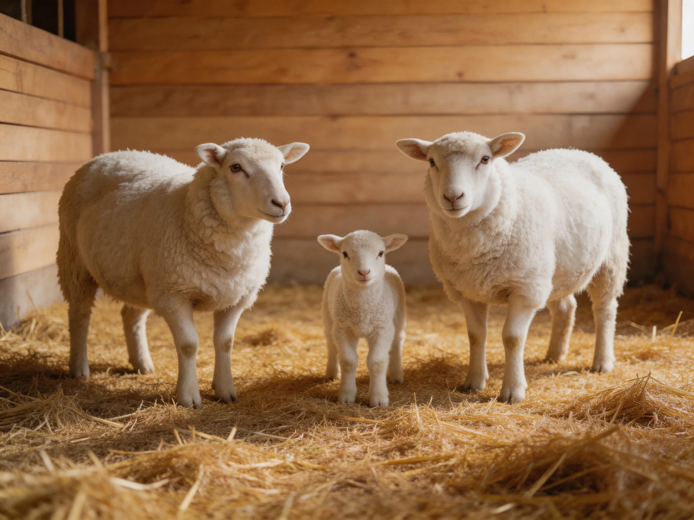 Three white sheep in a wooden barn with golden straw bedding