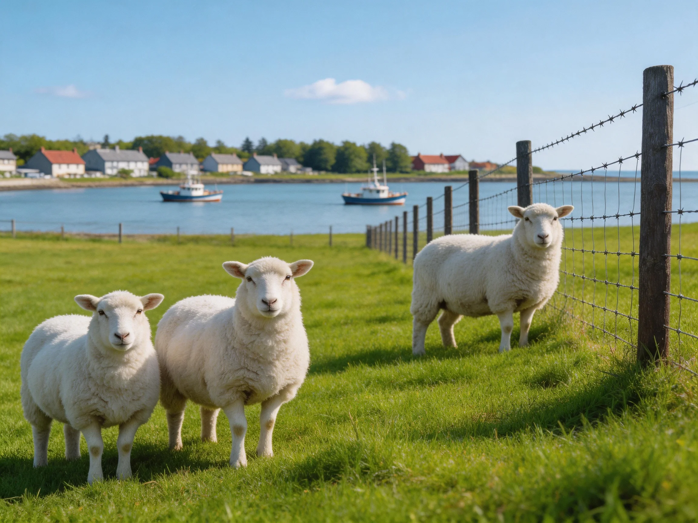 Three white sheep near barbed wire fence by calm blue water