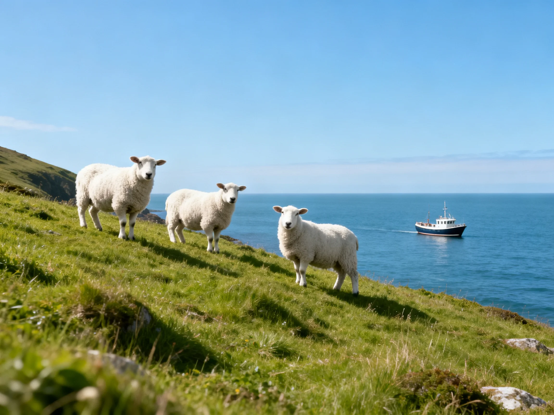 Three white sheep on a grassy coastal hillside beside blue sea with a boat