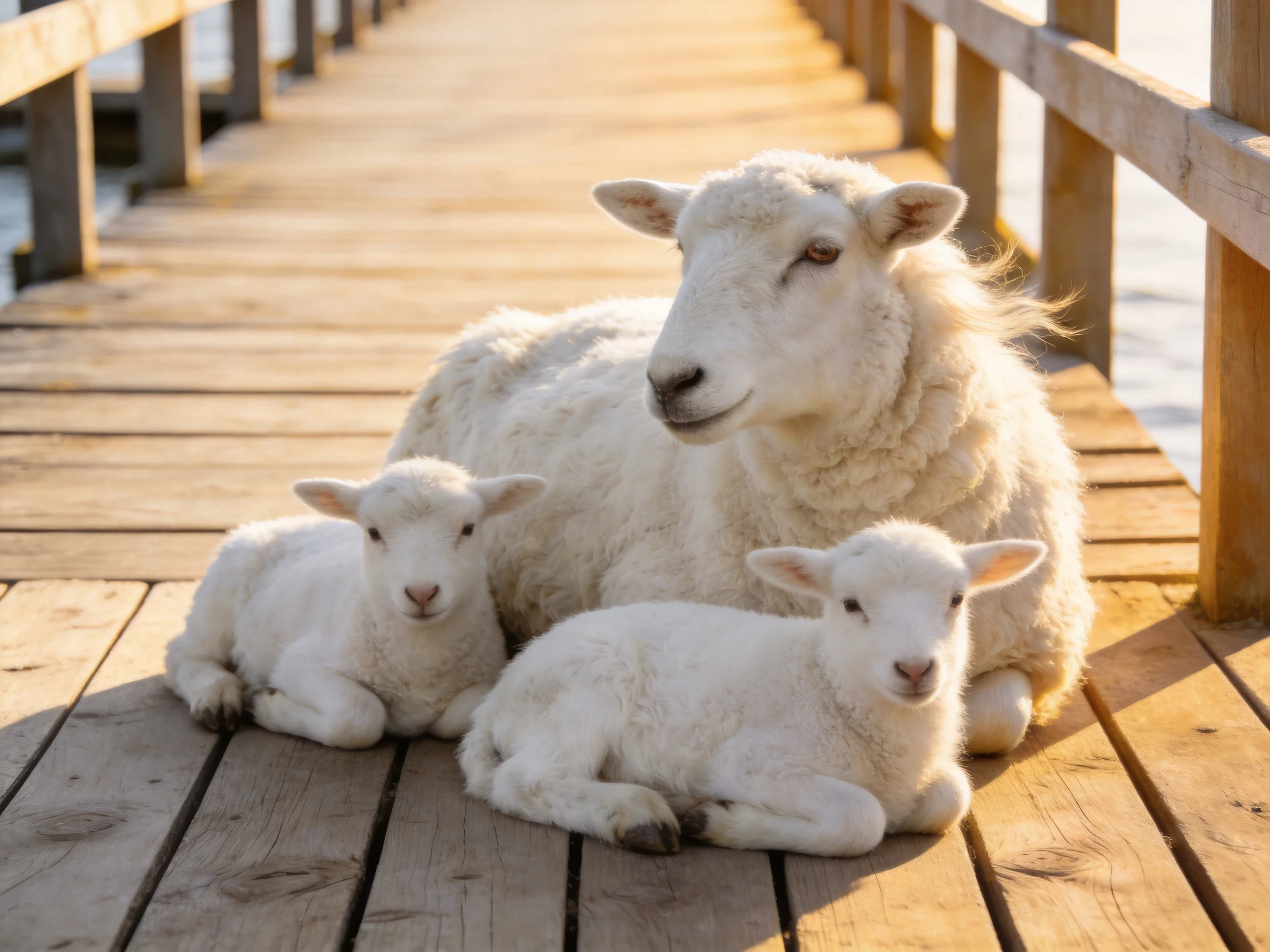 An adult sheep and two lambs rest together on a wooden pier.