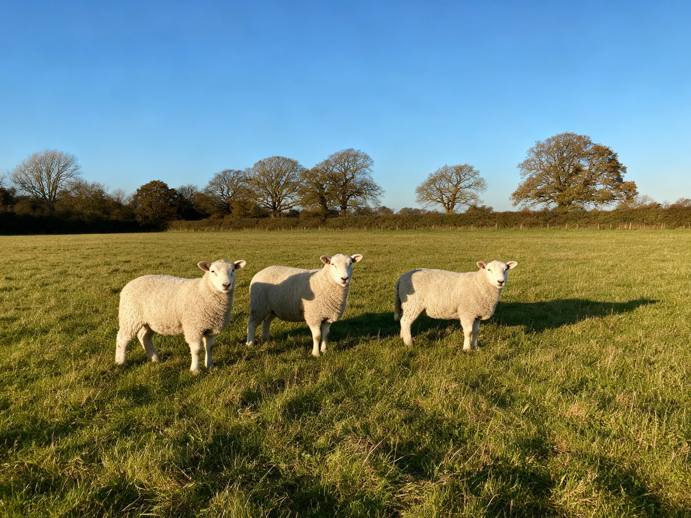 Three sheep gather in a sunlit pasture near trees