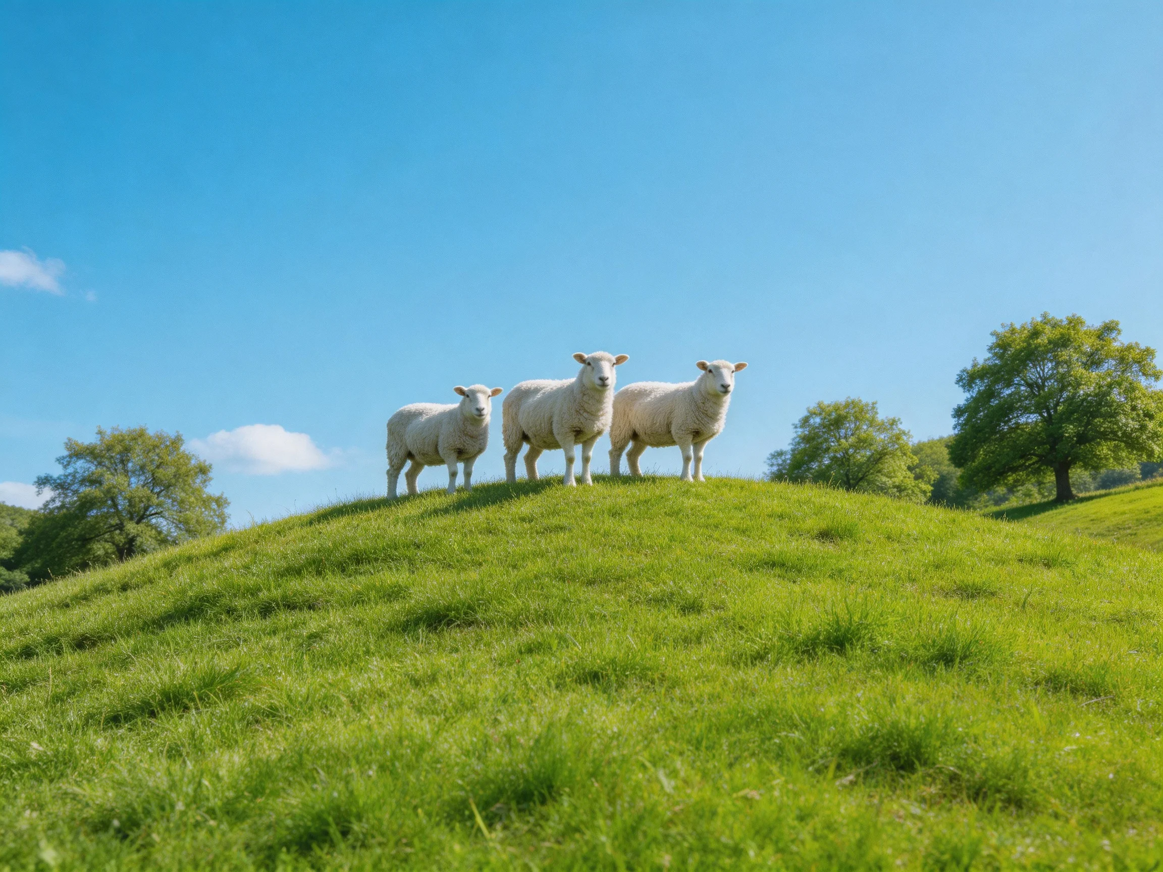 Three white sheep stand on a verdant hill beneath bright blue sky
