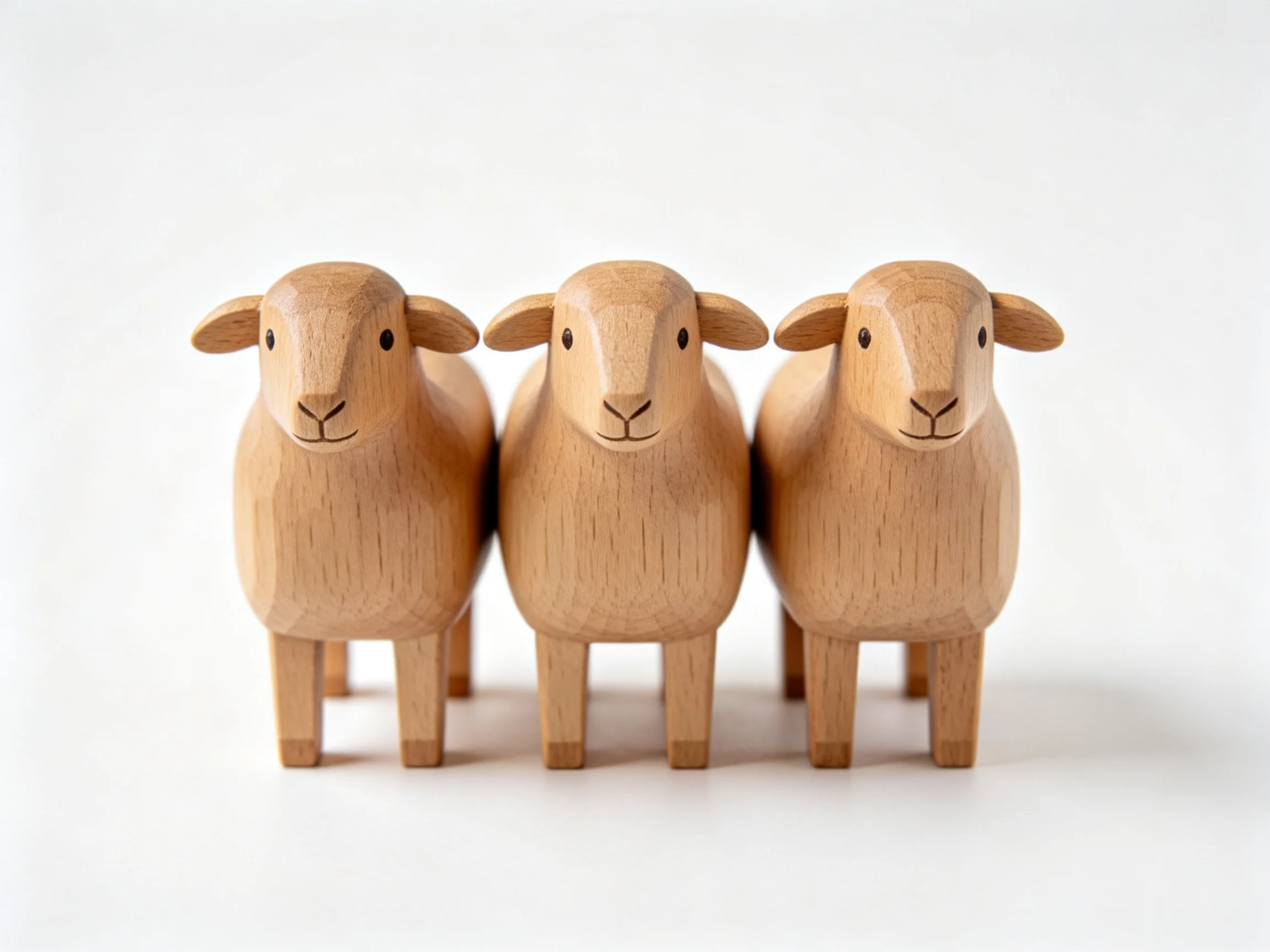 Three wooden sheep figurines arranged side by side