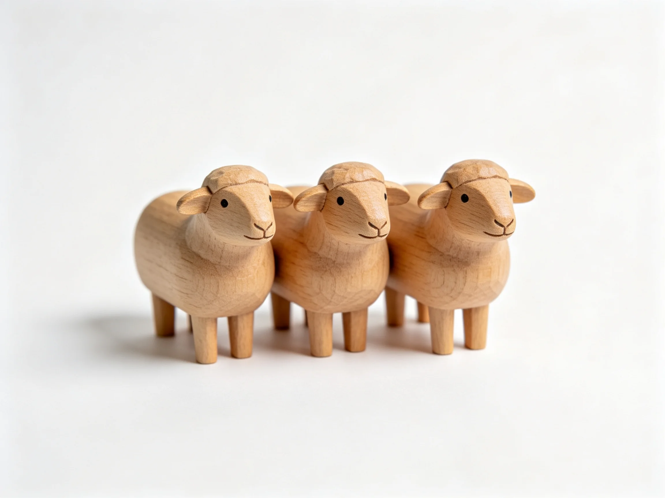 Three wooden sheep figurines clustered side by side