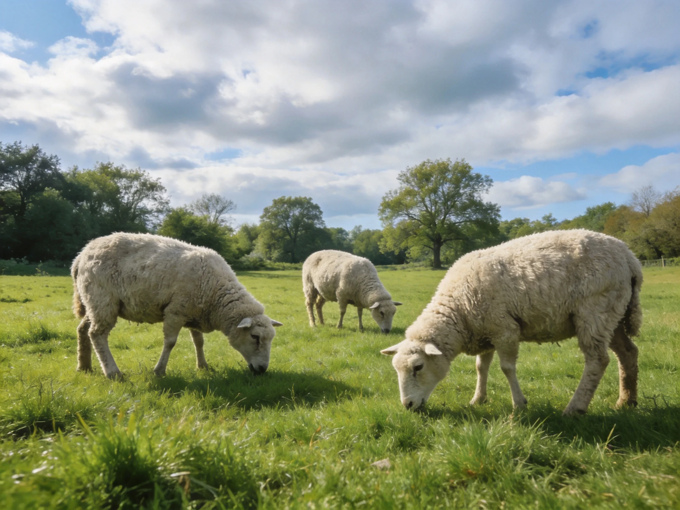 Three woolly sheep graze in a lush green meadow under a partly cloudy sky
