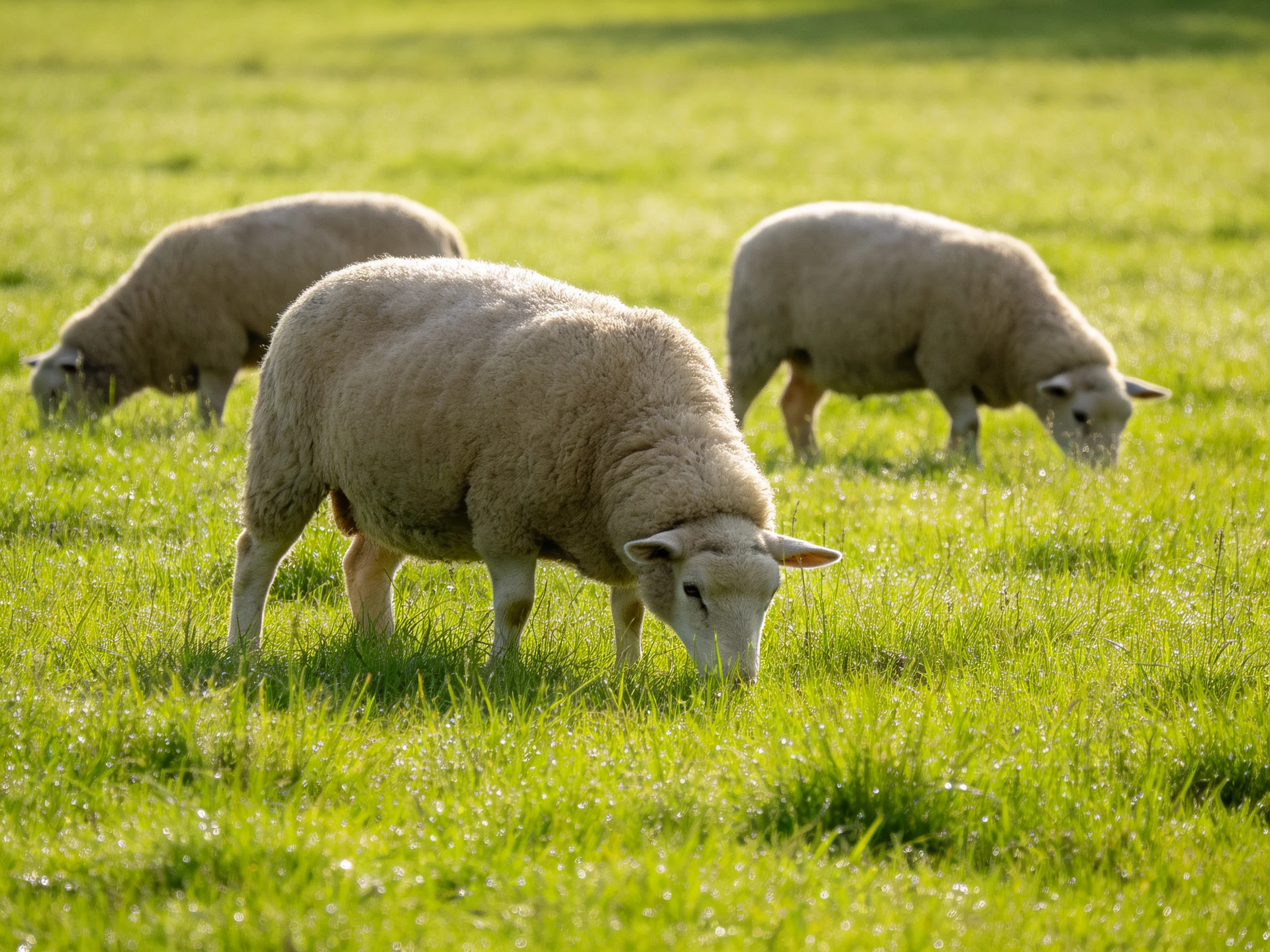 Three woolly sheep graze in a sun-drenched green pasture