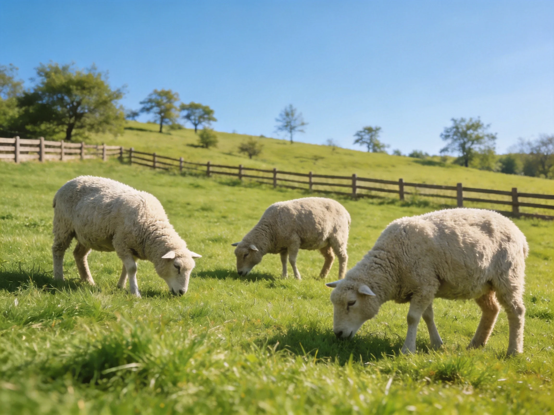 Three woolly sheep graze in a sunny green pasture with wooden fencing